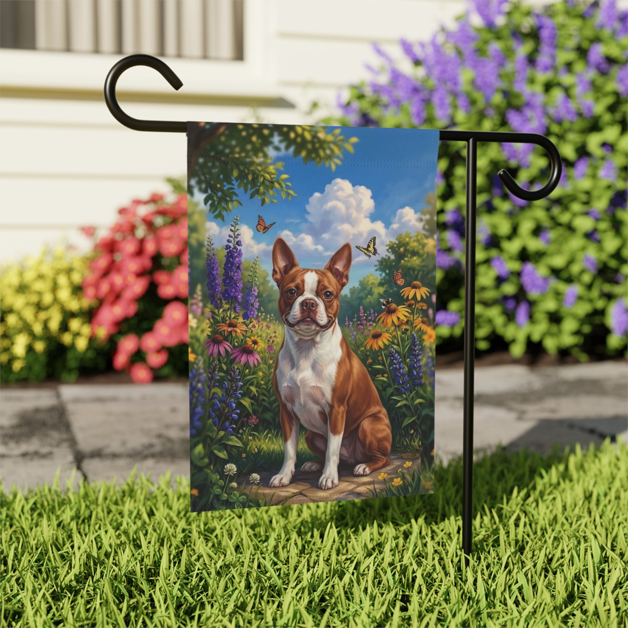 Spring Flowers  Red Boston Terrier Garden Flag - close-up detail - Dragonfire Gardens