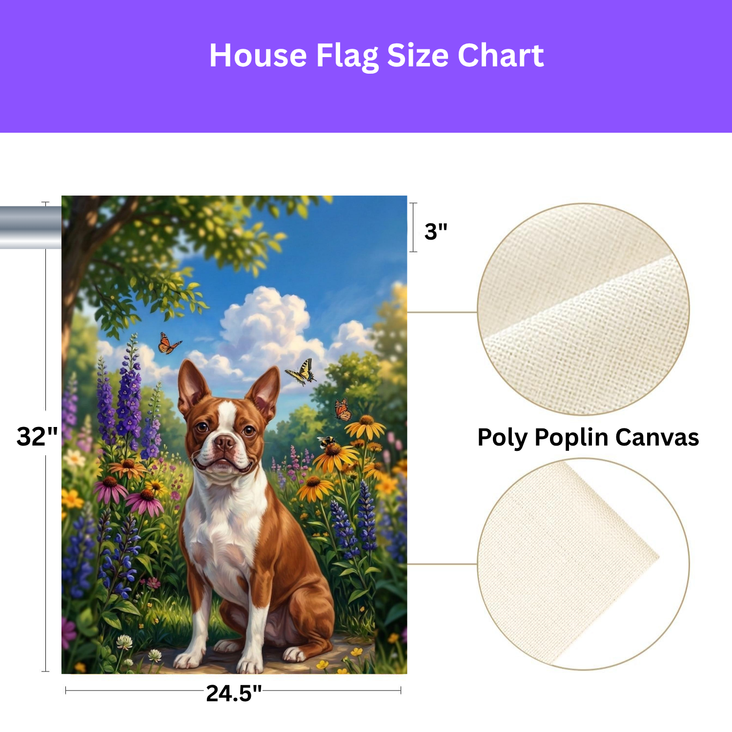 Spring Flowers  Red Boston Terrier Garden Flag - size comparison - Dragonfire Gardens