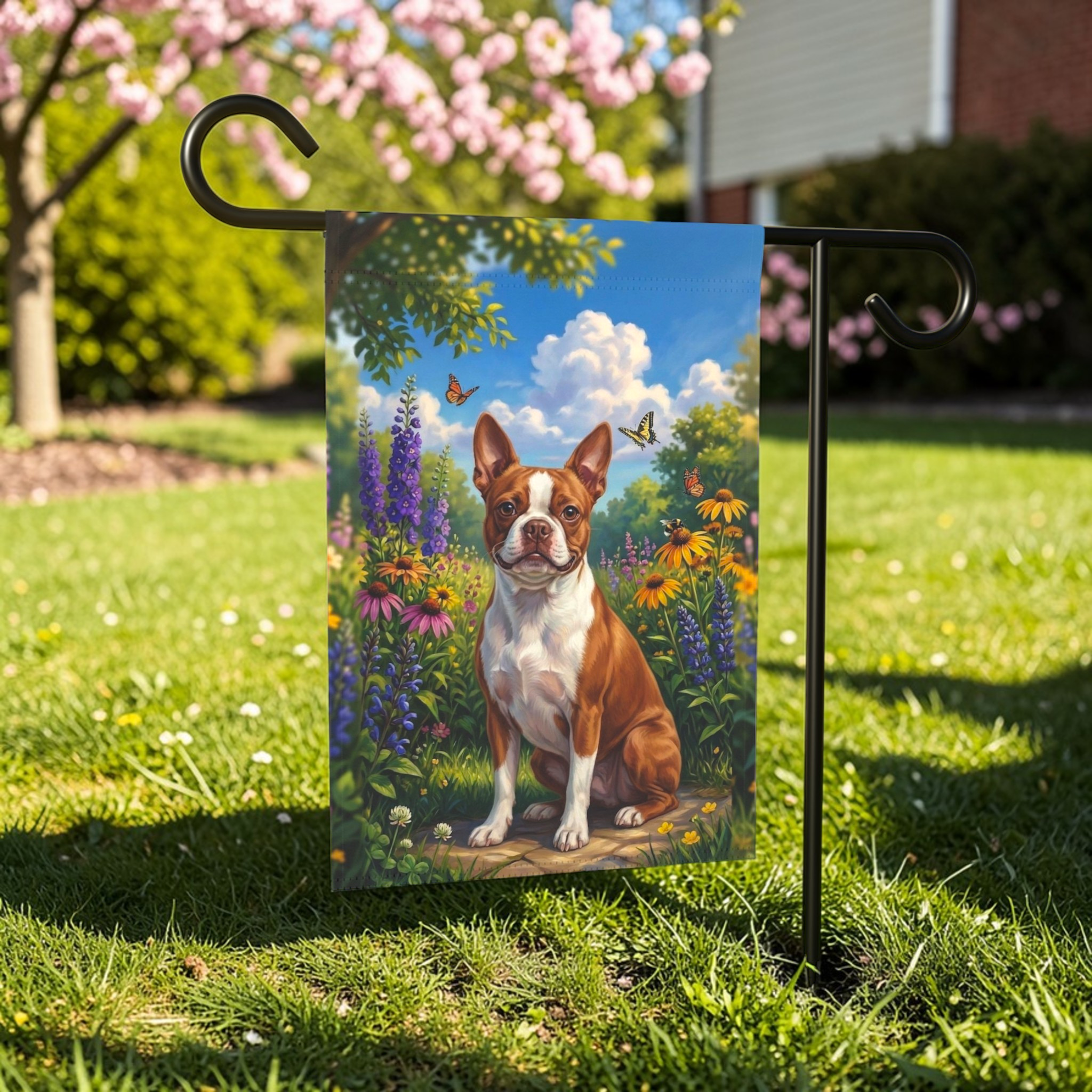 Spring Flowers  Red Boston Terrier Garden Flag - lifestyle display - Dragonfire Gardens