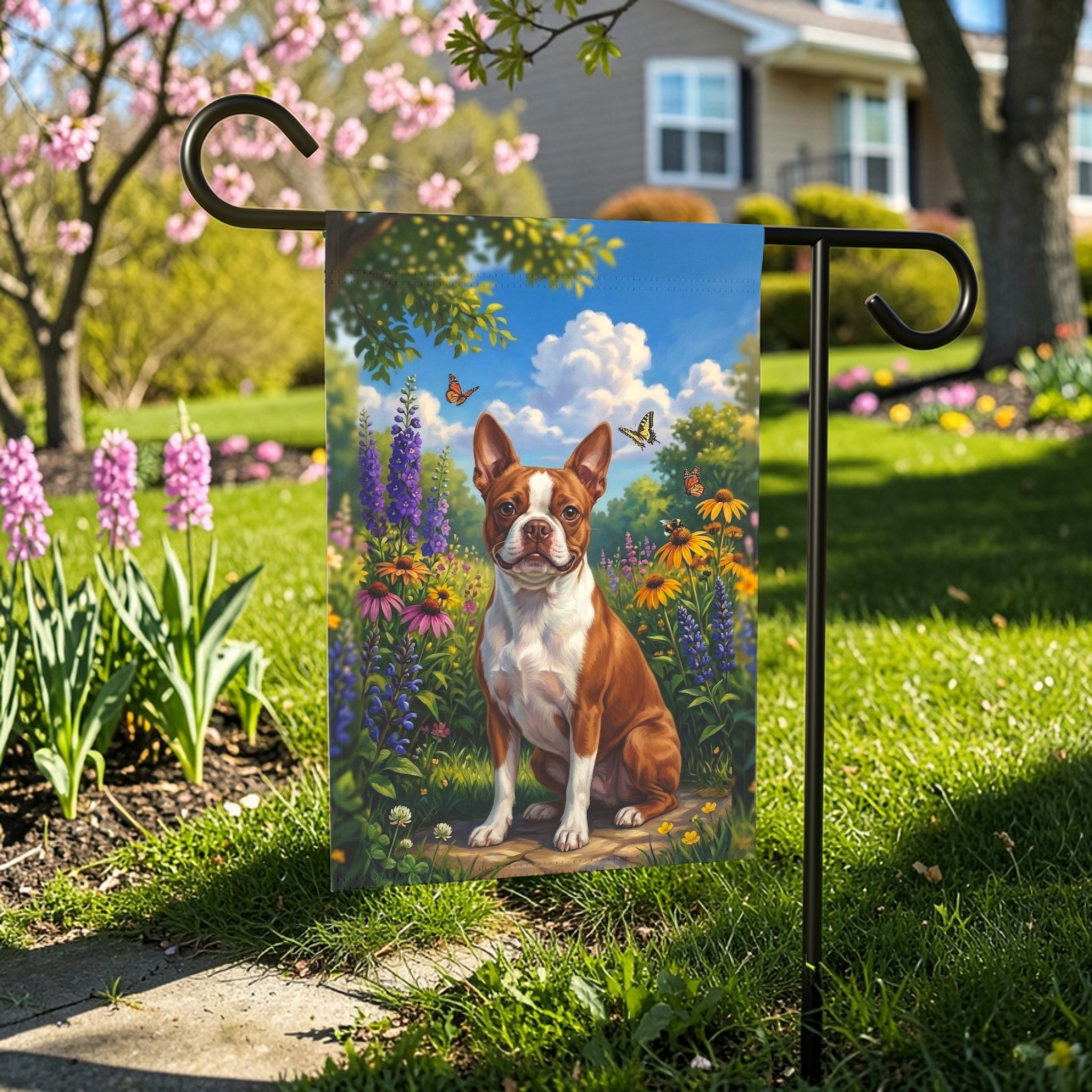 Spring Flowers  Red Boston Terrier Garden Flag - front view - Dragonfire Gardens