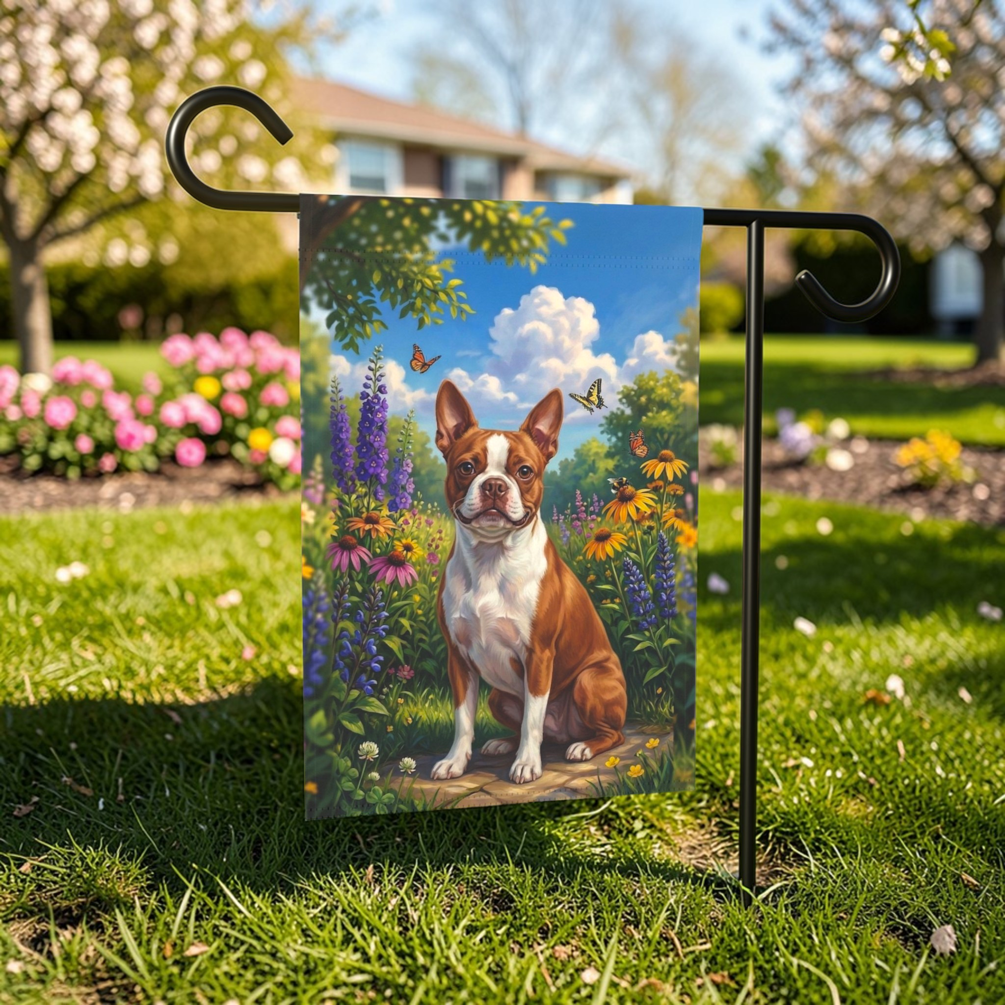 Spring Flowers  Red Boston Terrier Garden Flag - outdoor display - Dragonfire Gardens