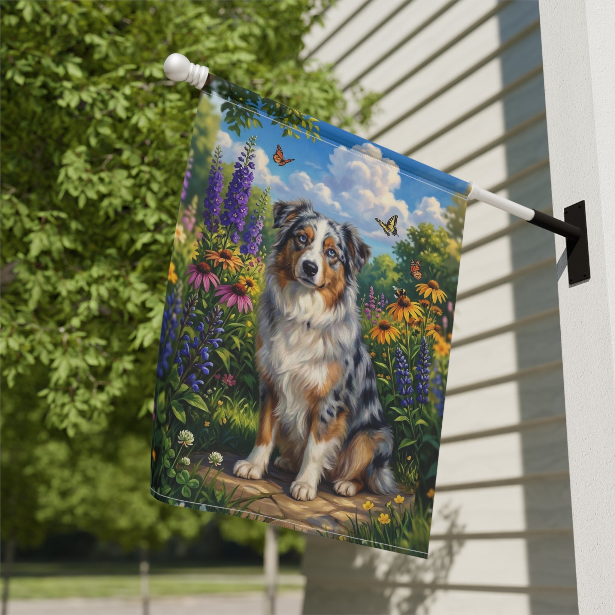 Spring Flowers Australian Shepherd Garden Flag - yard display - Dragonfire Gardens