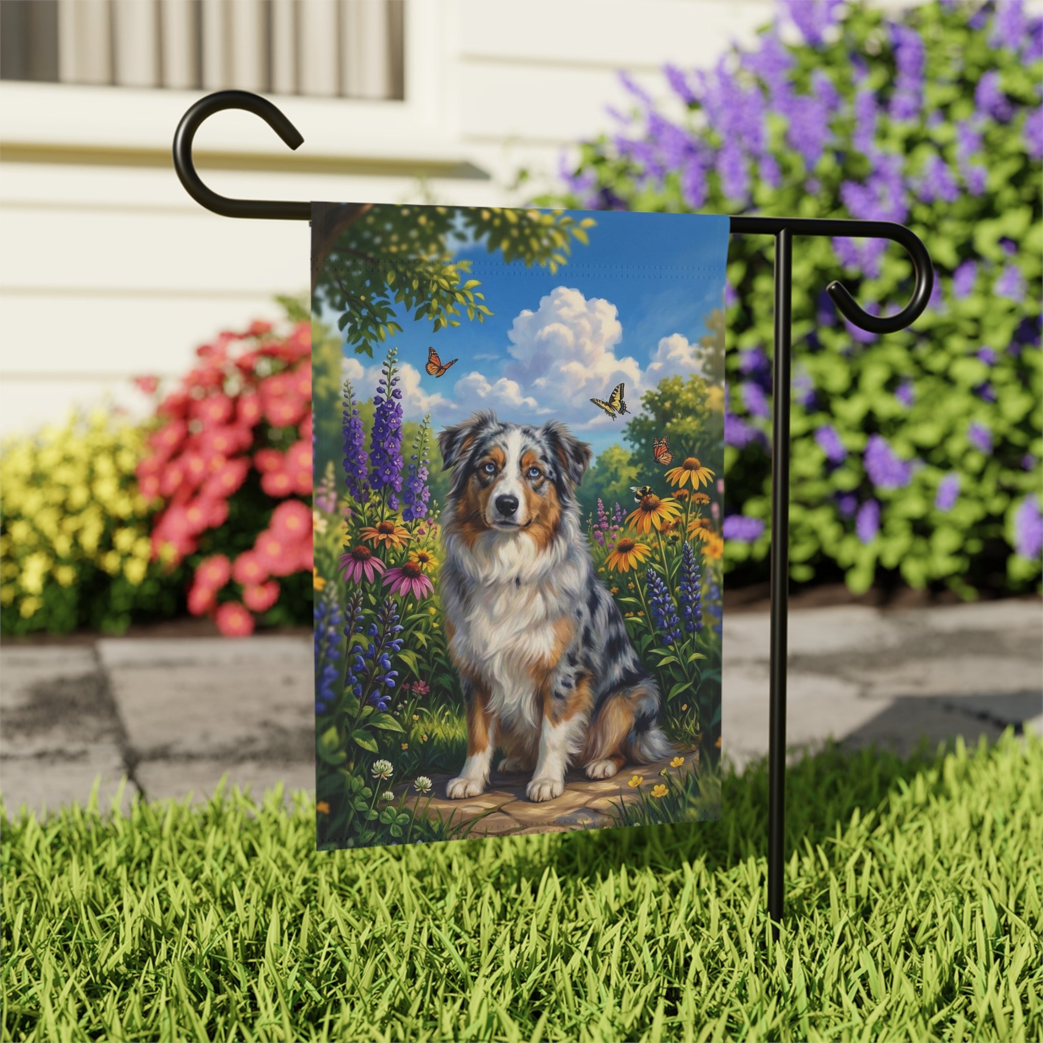 Spring Flowers Australian Shepherd Garden Flag - close-up detail - Dragonfire Gardens