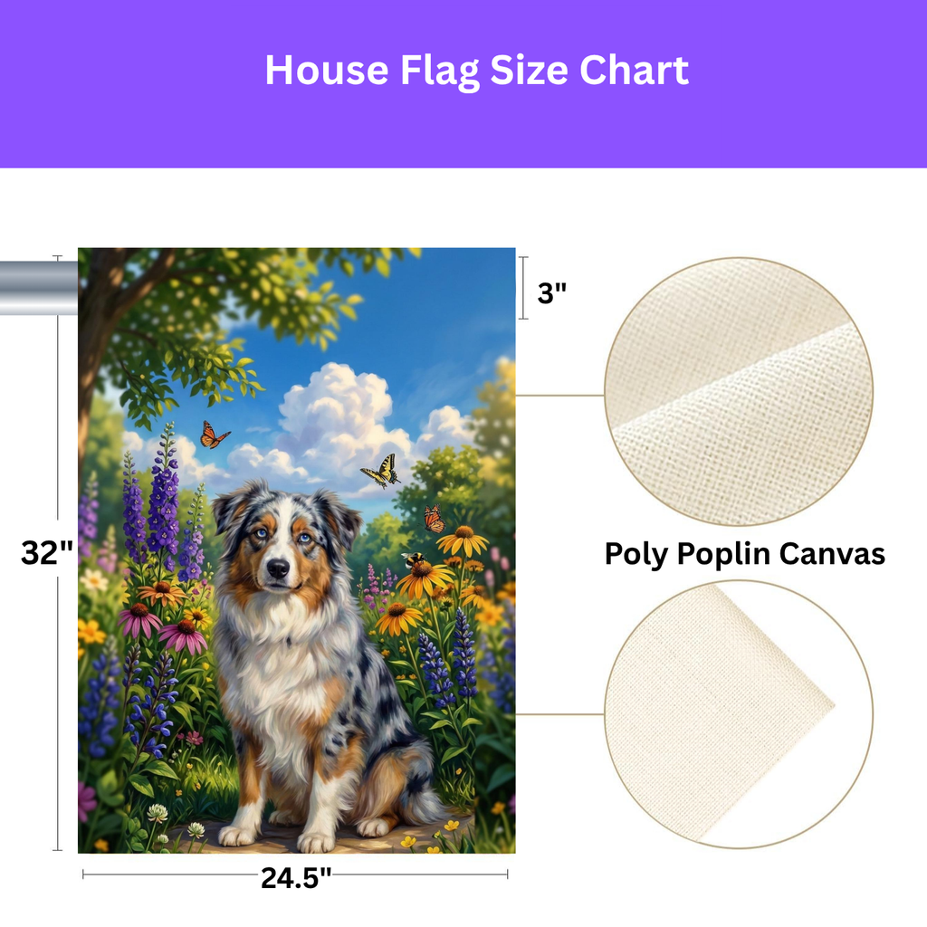 Spring Flowers Australian Shepherd Garden Flag - size comparison - Dragonfire Gardens
