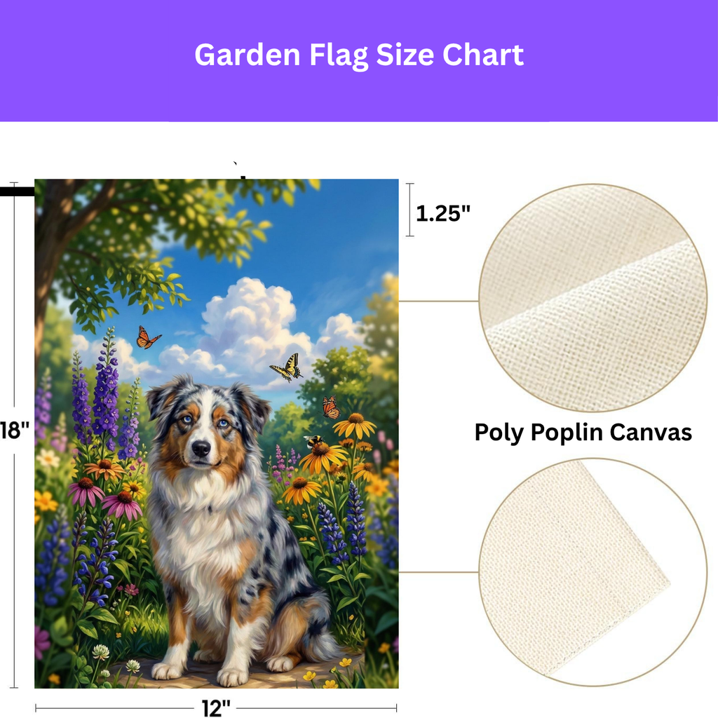Spring Flowers Australian Shepherd Garden Flag - double-sided design - Dragonfire Gardens