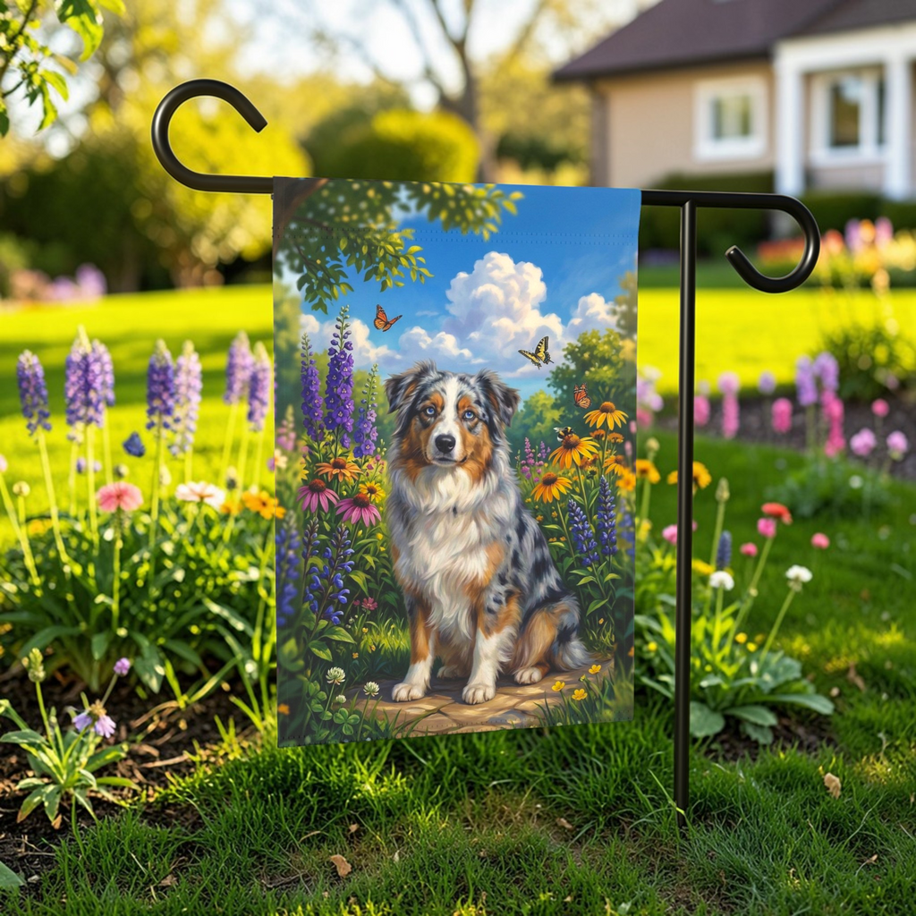 Spring Flowers Australian Shepherd Garden Flag - lifestyle display - Dragonfire Gardens