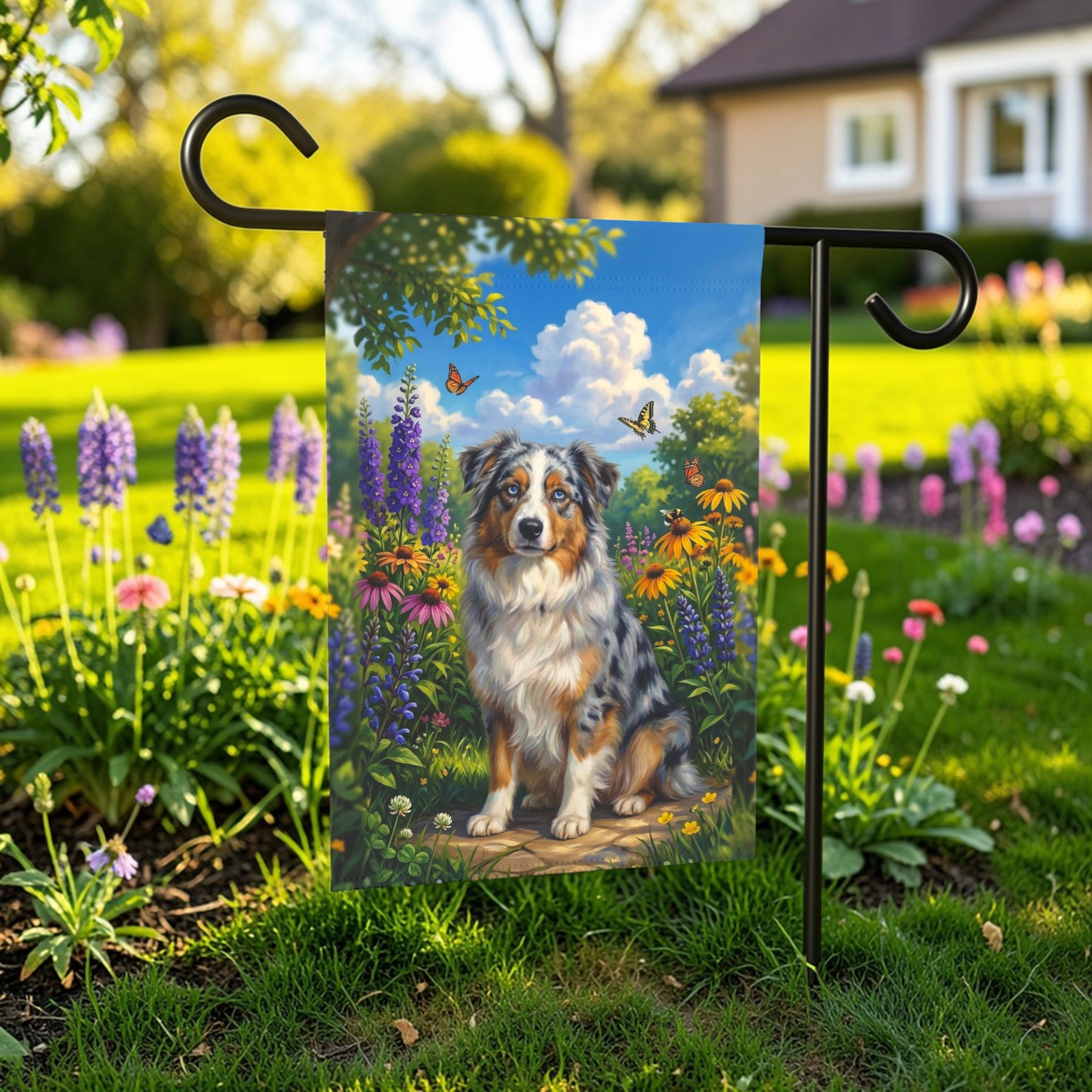 Spring Flowers Australian Shepherd Garden Flag - lifestyle display - Dragonfire Gardens