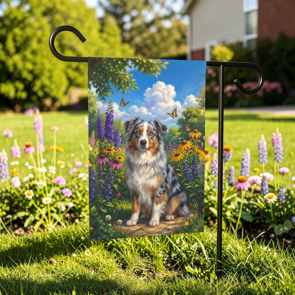 Spring Flowers Australian Shepherd Garden Flag - outdoor display - Dragonfire Gardens