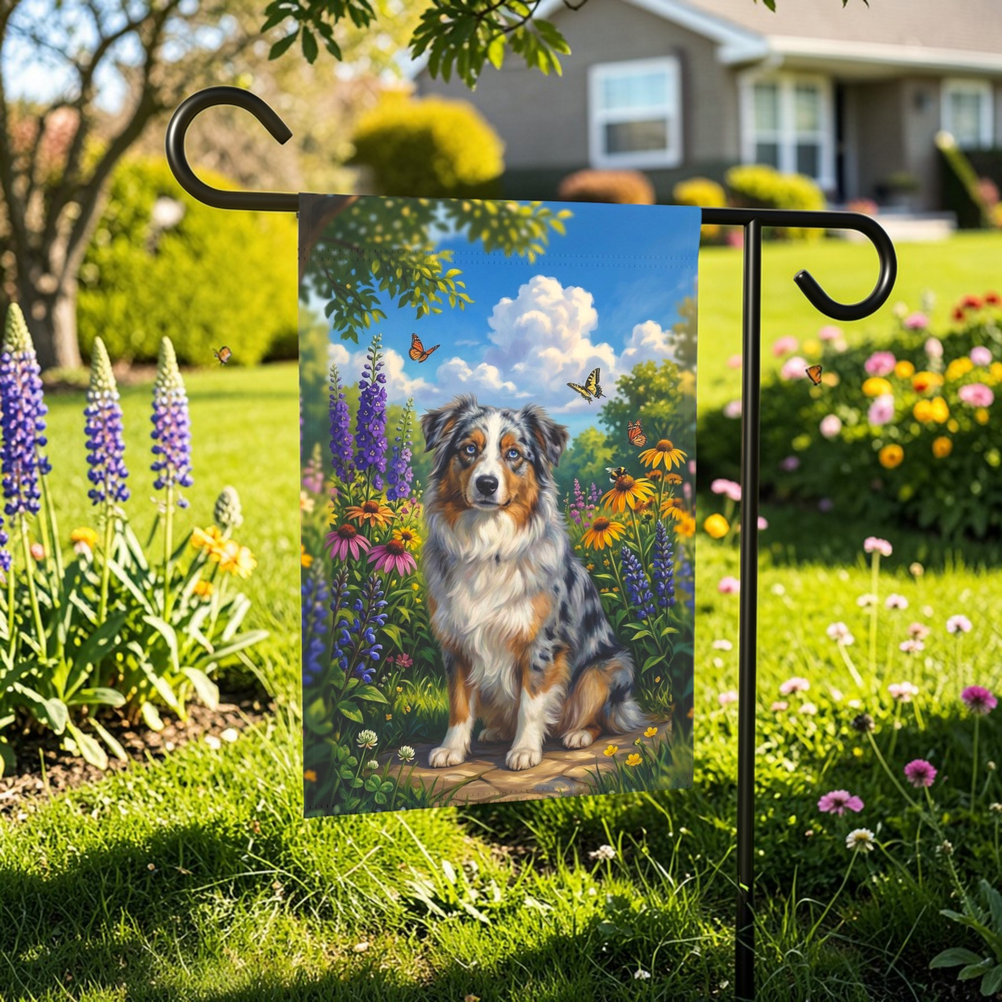 Spring Flowers Australian Shepherd Garden Flag - front view - Dragonfire Gardens