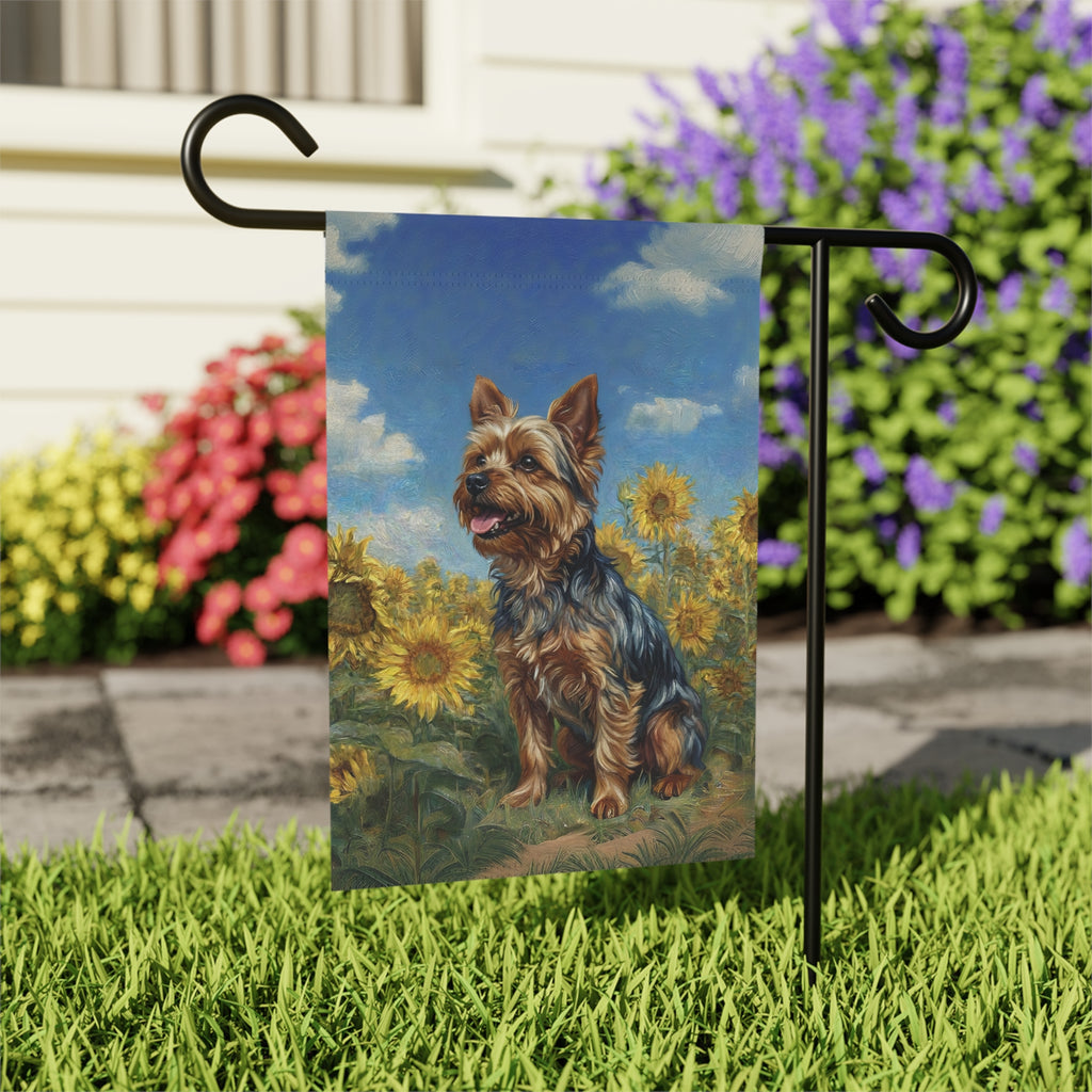 Yorkie Side Profile in Sunflowers Garden Flag - close-up detail - Dragonfire Gardens