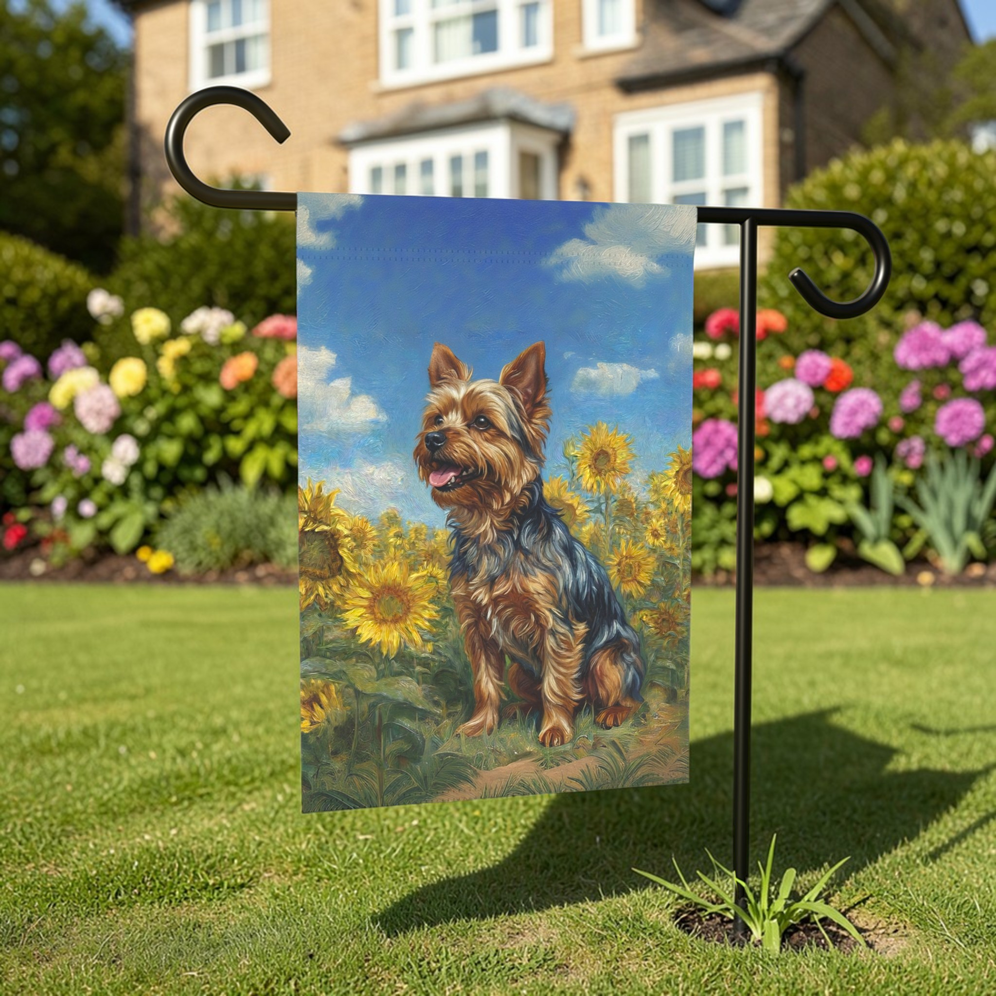 Yorkie Side Profile in Sunflowers Garden Flag - front view - Dragonfire Gardens