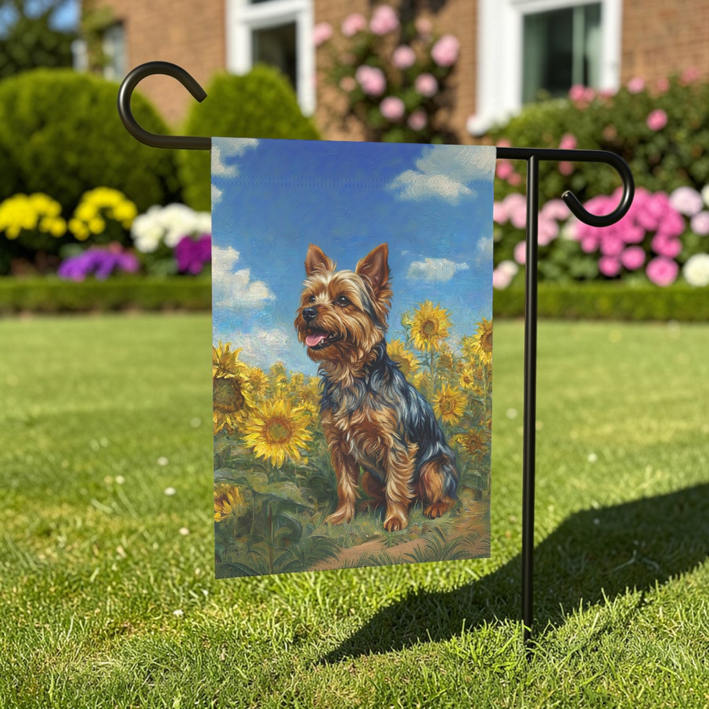 Yorkie Side Profile in Sunflowers Garden Flag - outdoor display - Dragonfire Gardens