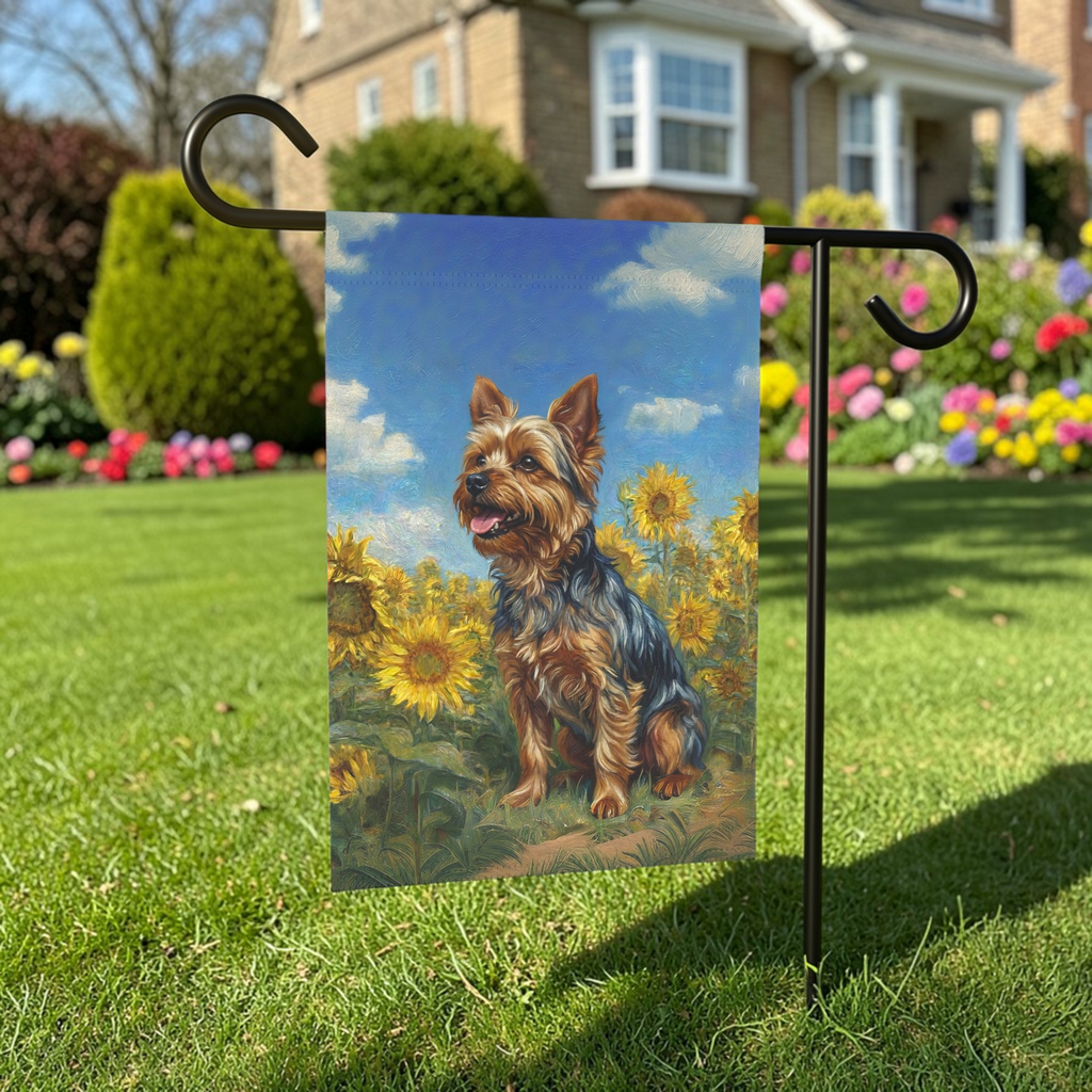 Yorkie Side Profile in Sunflowers Garden Flag - lifestyle display - Dragonfire Gardens