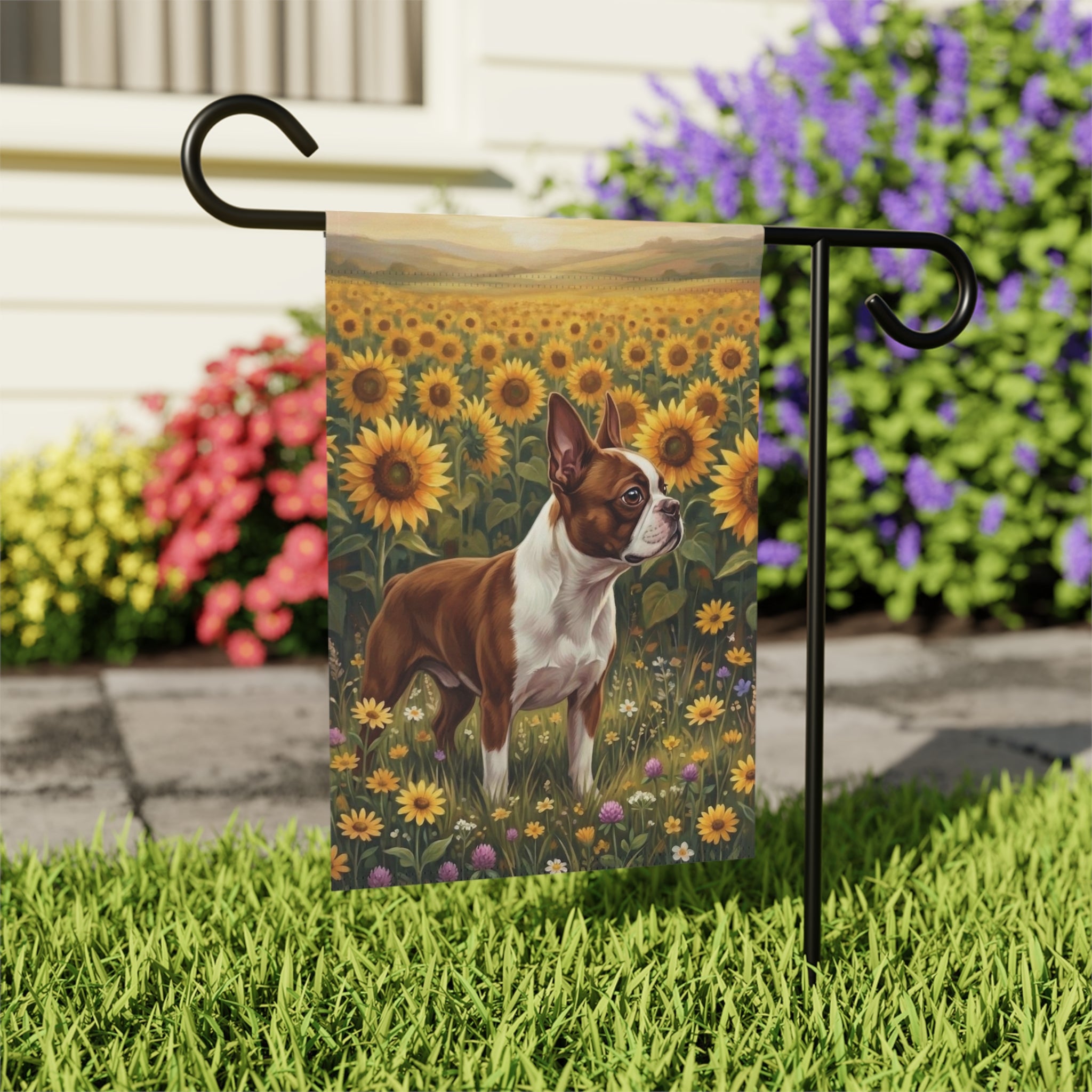 Sunflower Field Boston Terrier Garden Flag - close-up detail - Dragonfire Gardens