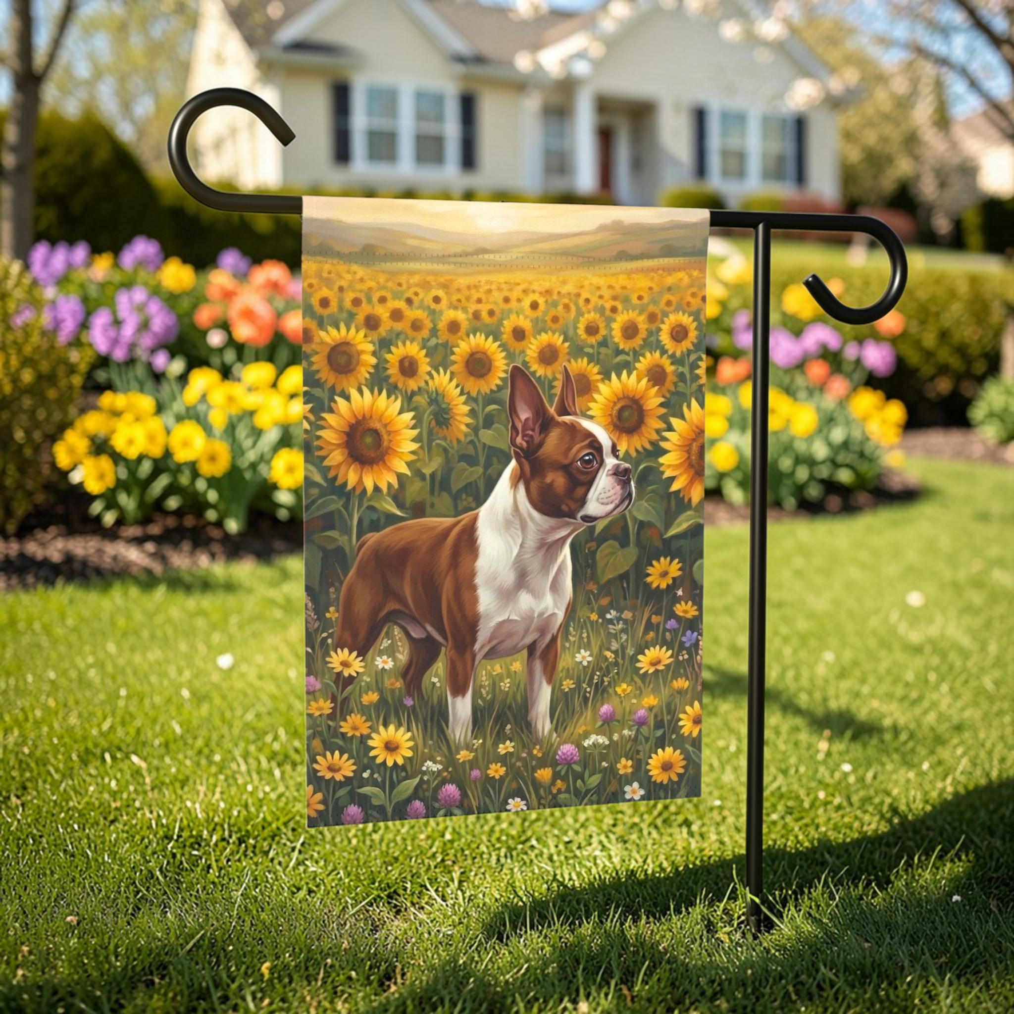 Sunflower Field Boston Terrier Garden Flag - front view - Dragonfire Gardens