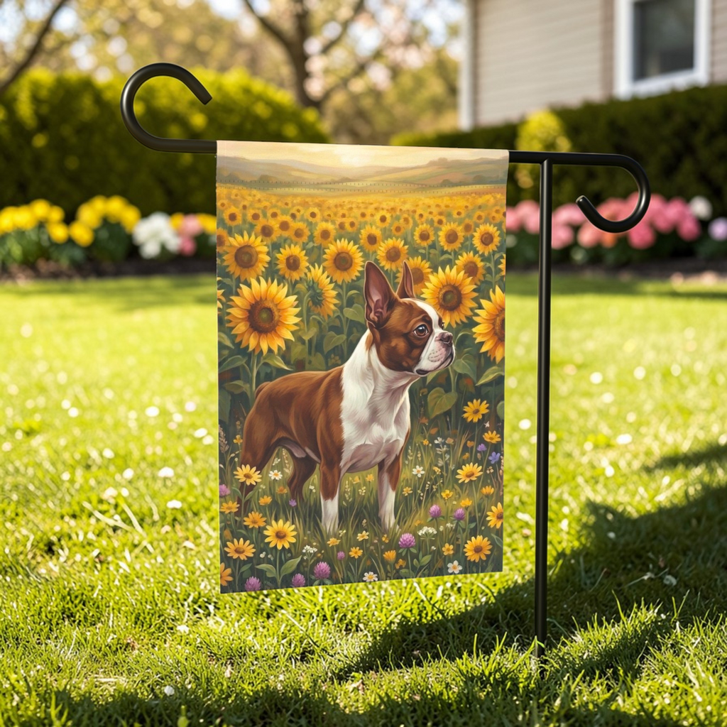 Sunflower Field Boston Terrier Garden Flag - lifestyle display - Dragonfire Gardens