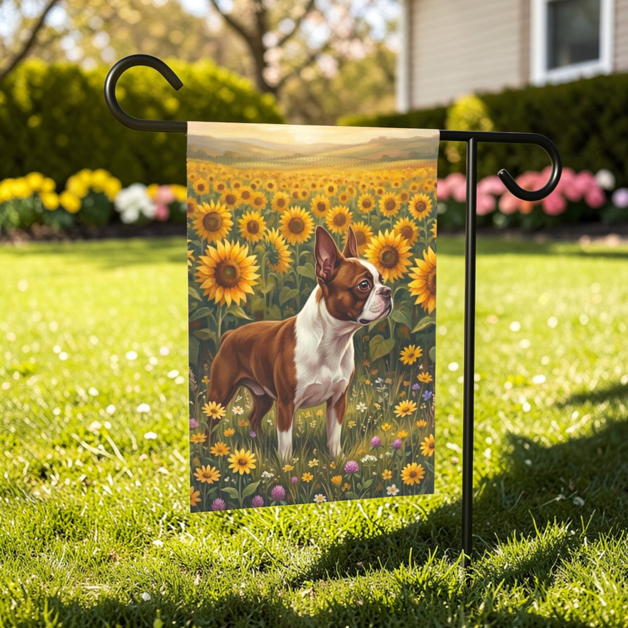 Sunflower Field Boston Terrier Garden Flag - lifestyle display - Dragonfire Gardens