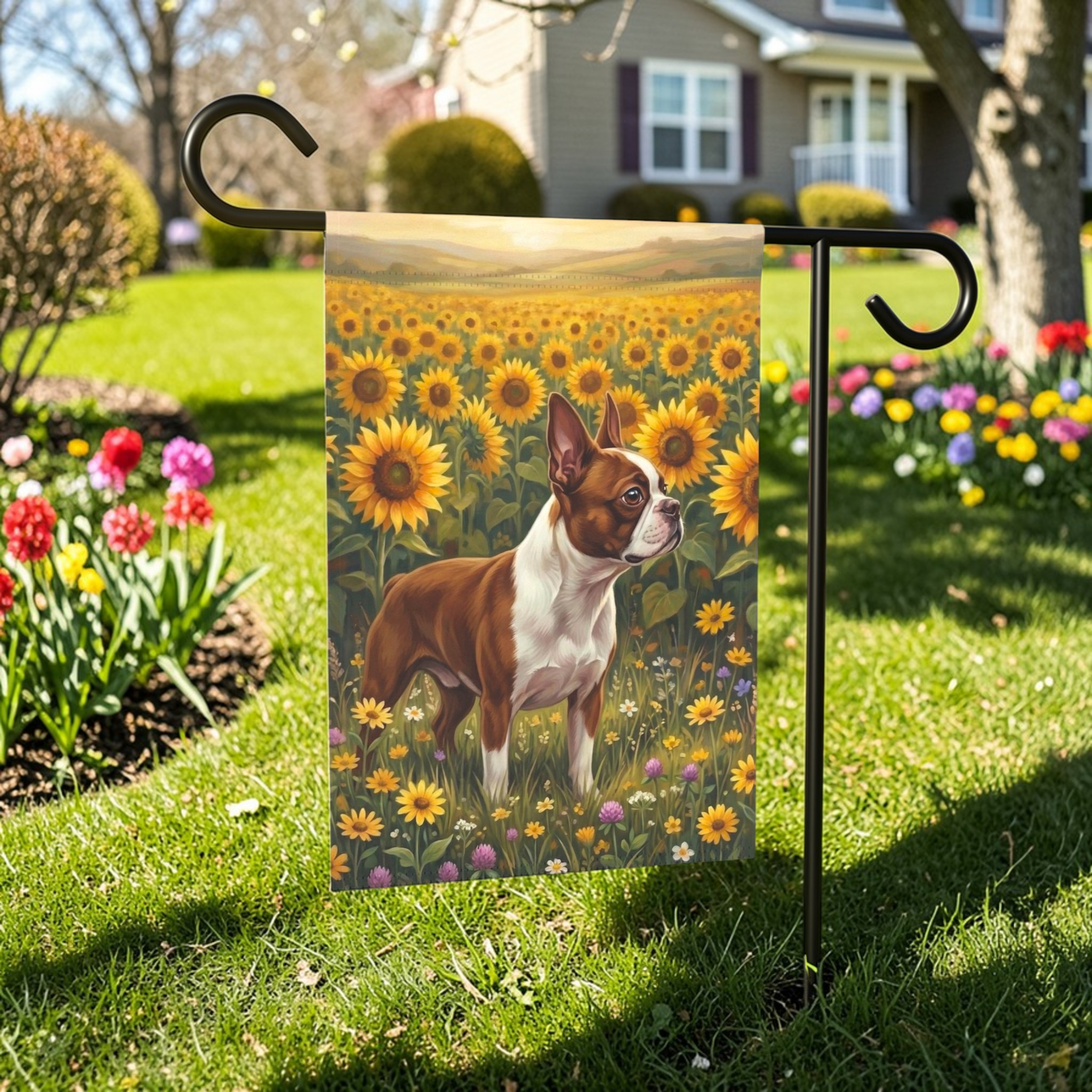 Sunflower Field Boston Terrier Garden Flag - outdoor display - Dragonfire Gardens