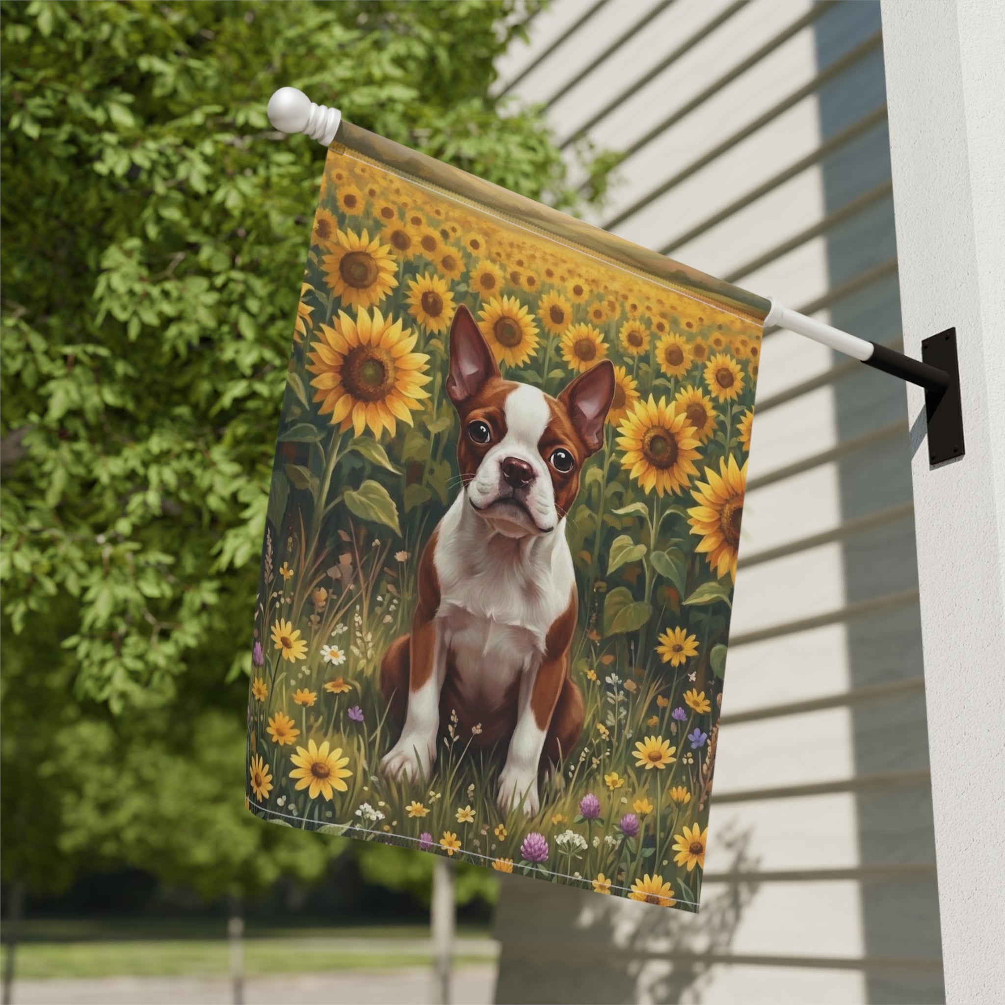 Red Boston Terrier Sunflower Field Garden Flag - yard display - Dragonfire Gardens