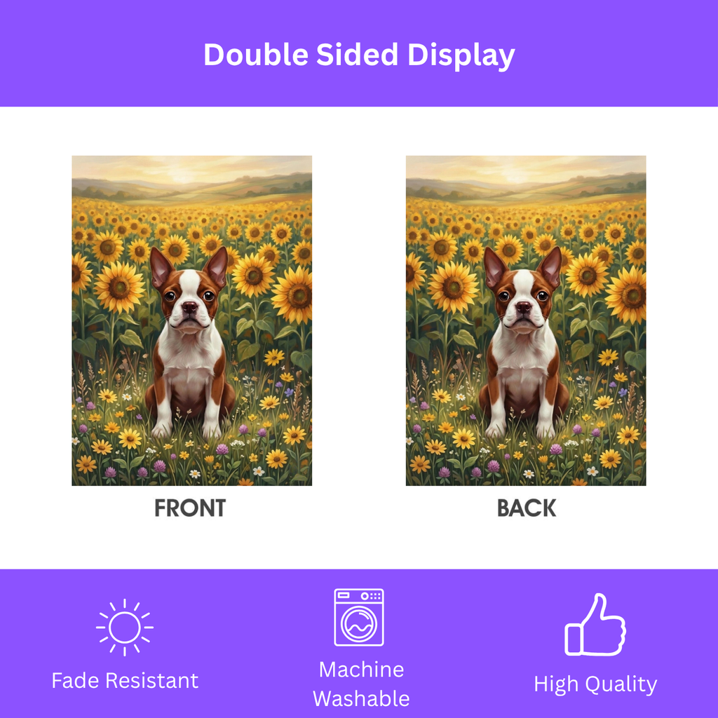 Red Boston Terrier Sunflower Field Garden Flag - porch decor - Dragonfire Gardens