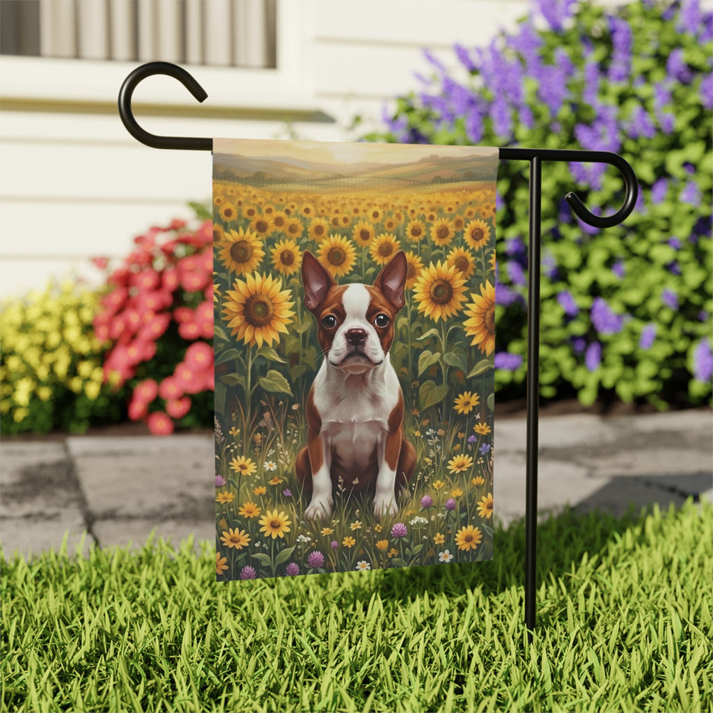 Red Boston Terrier Sunflower Field Garden Flag - close-up detail - Dragonfire Gardens