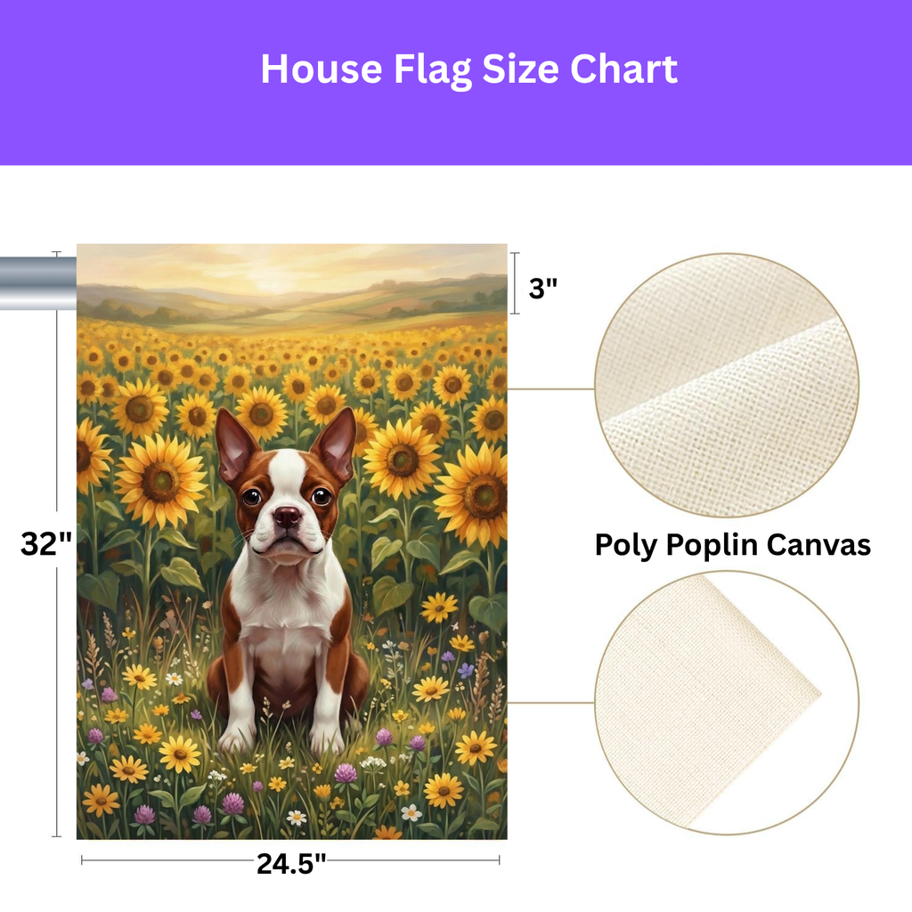 Red Boston Terrier Sunflower Field Garden Flag - size comparison - Dragonfire Gardens