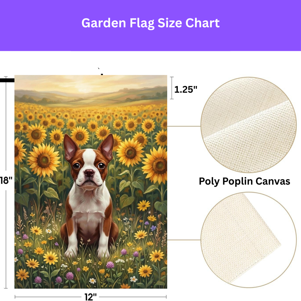 Red Boston Terrier Sunflower Field Garden Flag - double-sided design - Dragonfire Gardens