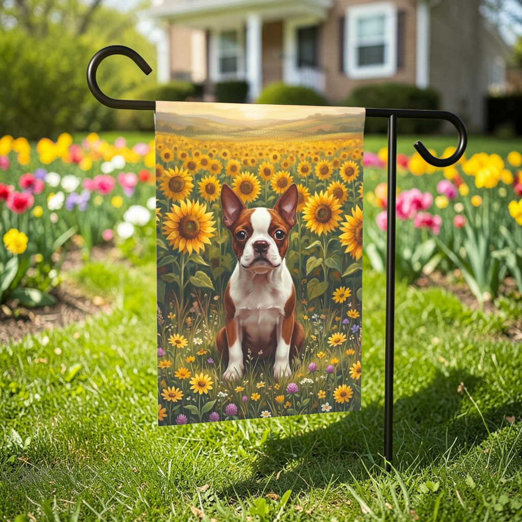 Red Boston Terrier Sunflower Field Garden Flag - outdoor display - Dragonfire Gardens