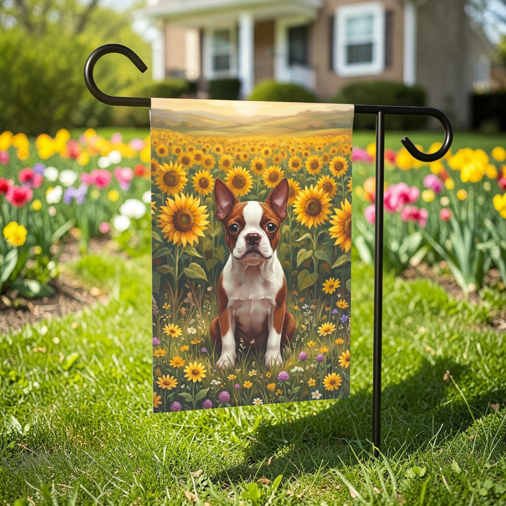 Red Boston Terrier Sunflower Field Garden Flag - outdoor display - Dragonfire Gardens