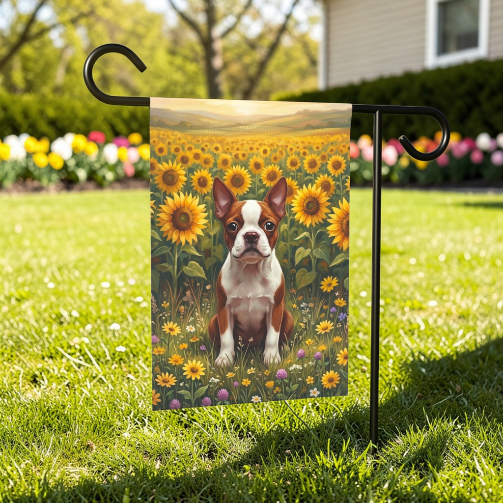 Red Boston Terrier Sunflower Field Garden Flag - lifestyle display - Dragonfire Gardens