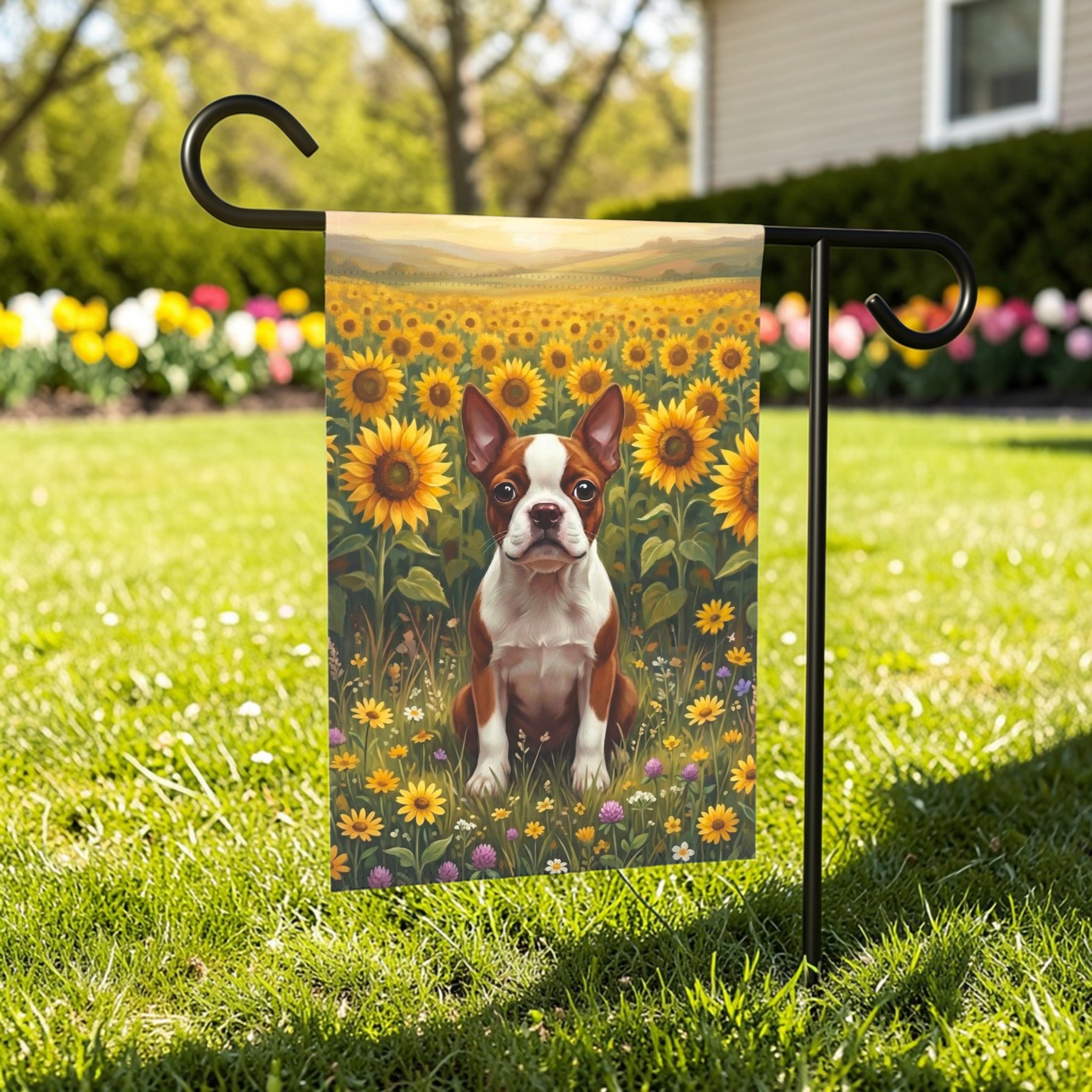 Red Boston Terrier Sunflower Field Garden Flag - lifestyle display - Dragonfire Gardens