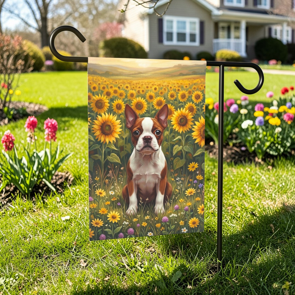 Red Boston Terrier Sunflower Field Garden Flag - front view - Dragonfire Gardens