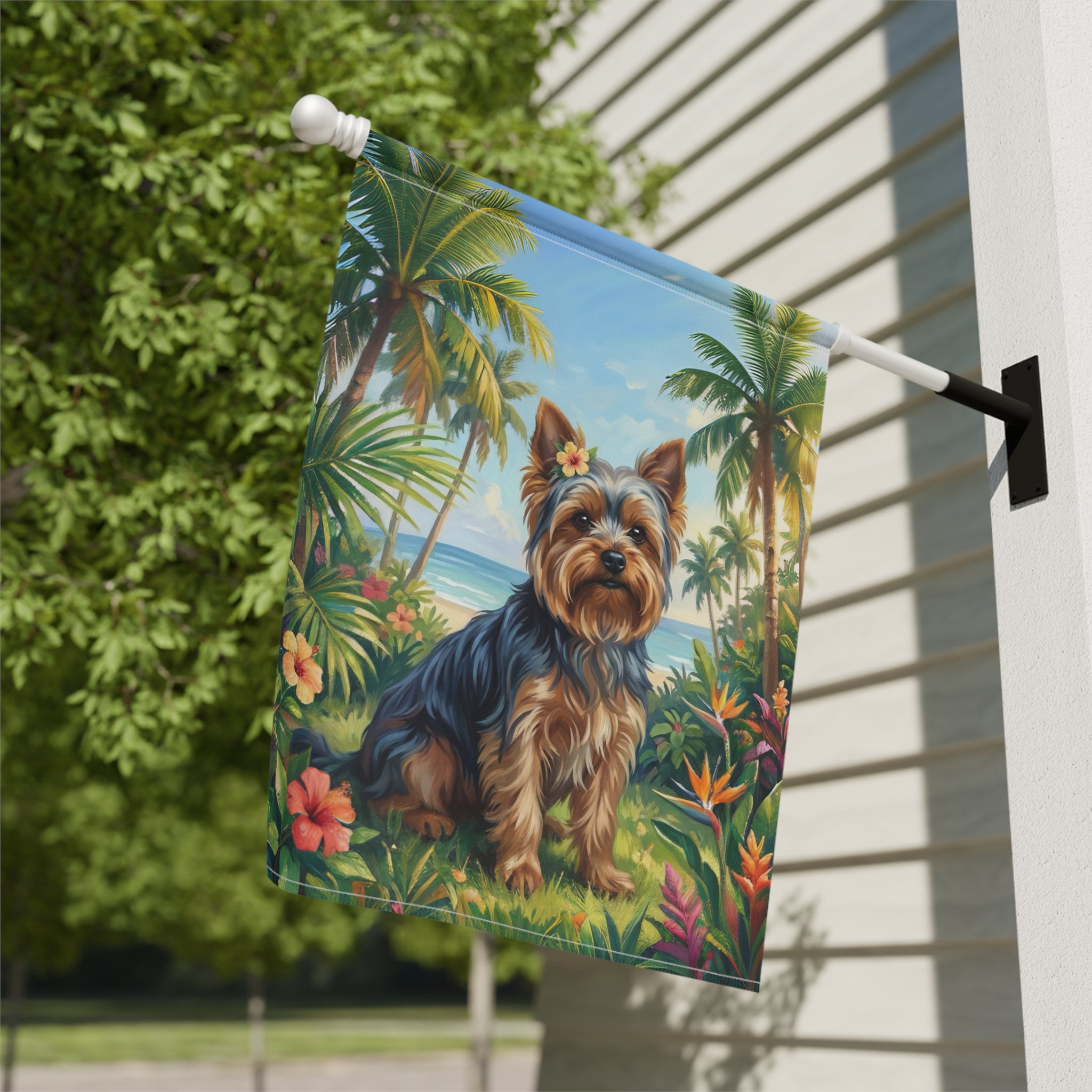 Palm Tree Summer Yorkshire Terrier Garden Flag - yard display - Dragonfire Gardens