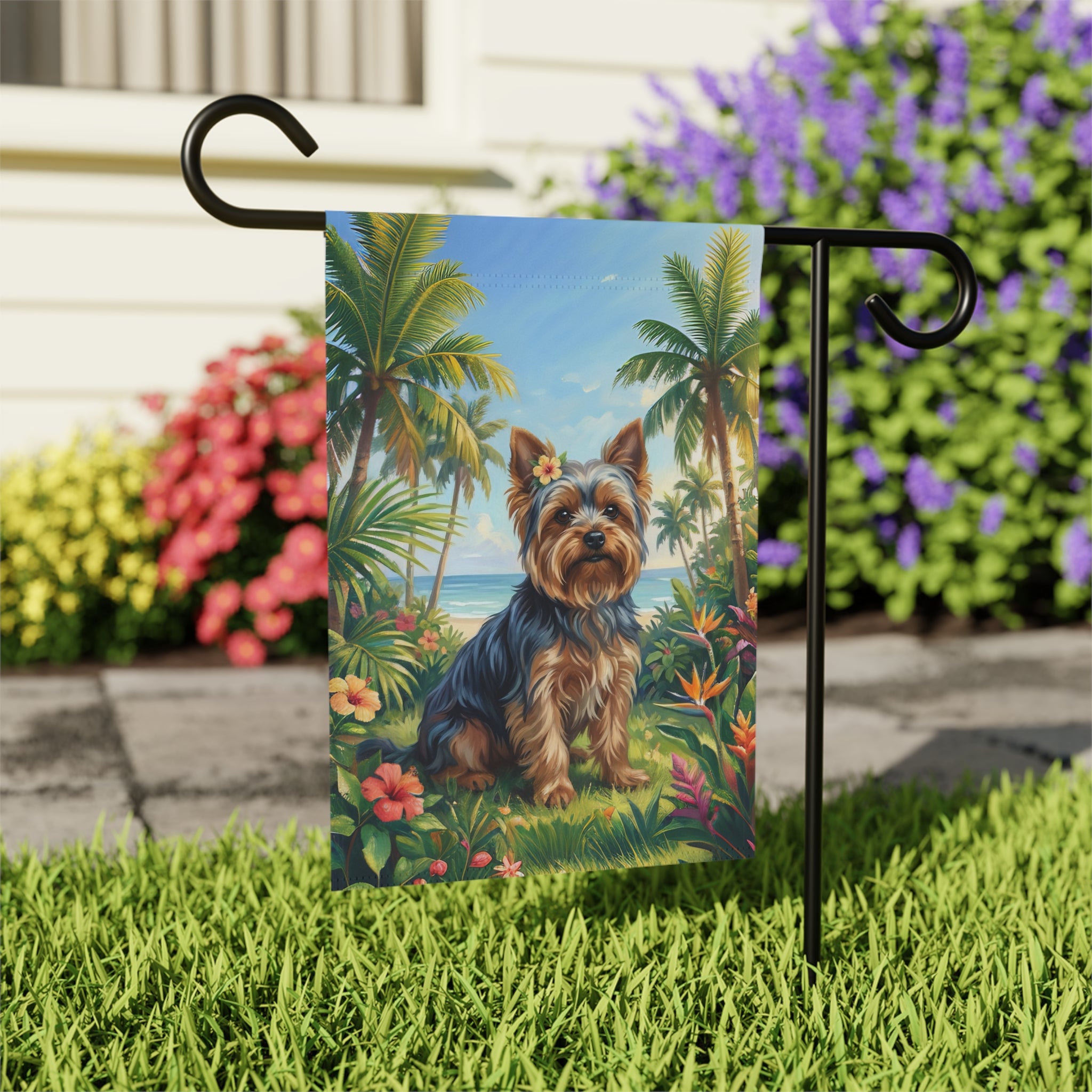 Palm Tree Summer Yorkshire Terrier Garden Flag - close-up detail - Dragonfire Gardens