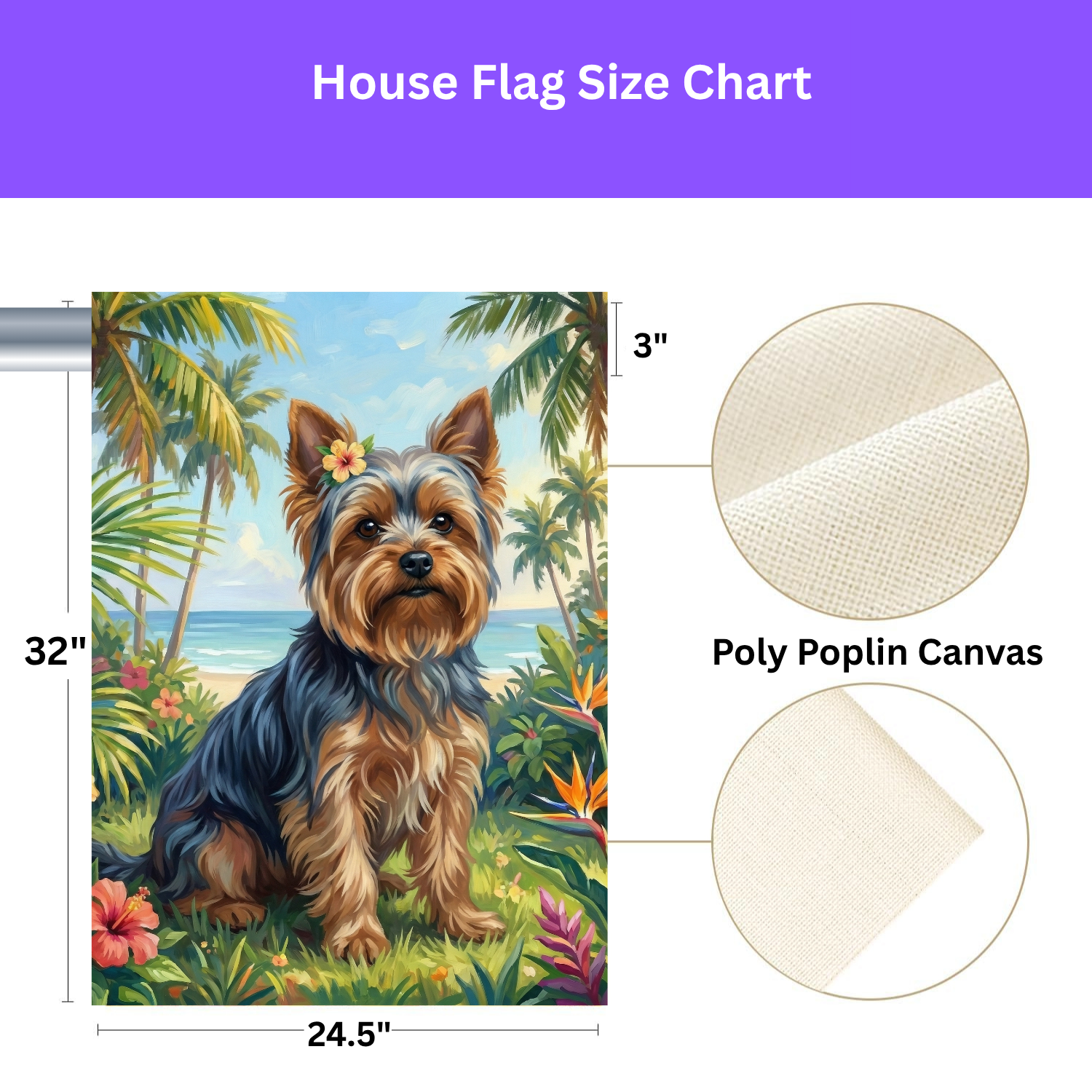 Palm Tree Summer Yorkshire Terrier Garden Flag - size comparison - Dragonfire Gardens