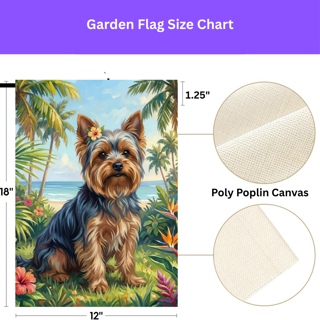 Palm Tree Summer Yorkshire Terrier Garden Flag - double-sided design - Dragonfire Gardens