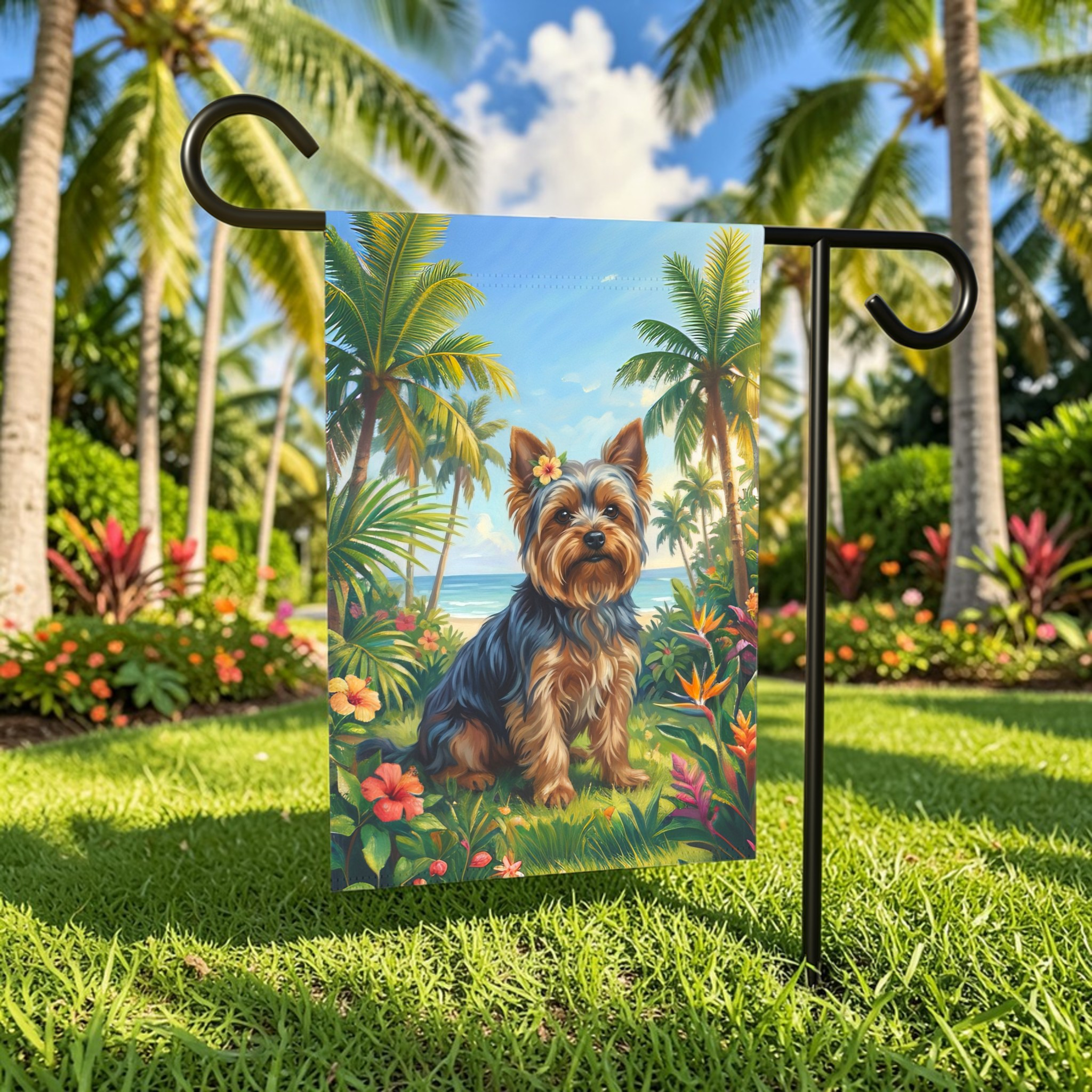 Palm Tree Summer Yorkshire Terrier Garden Flag - lifestyle display - Dragonfire Gardens