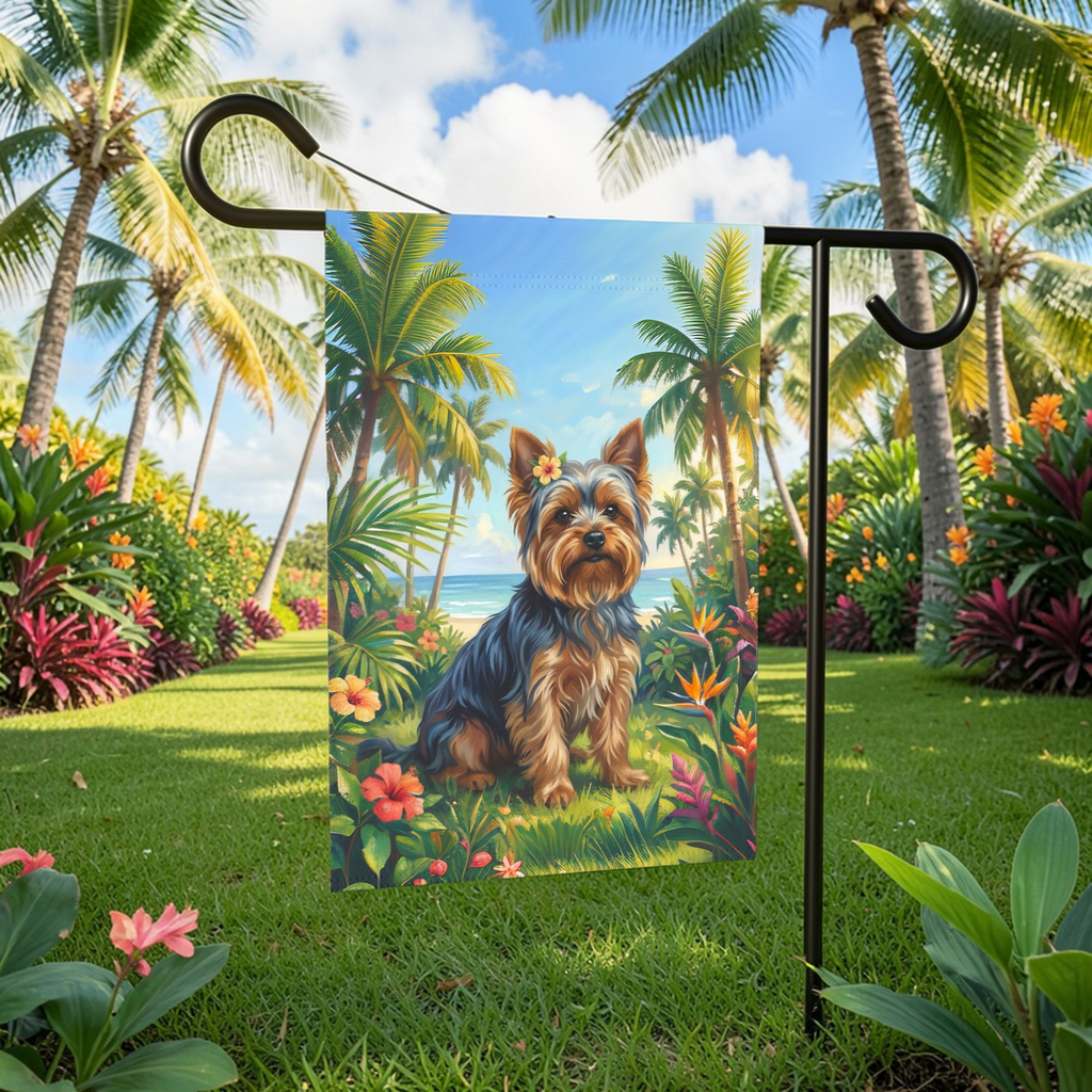 Palm Tree Summer Yorkshire Terrier Garden Flag - outdoor display - Dragonfire Gardens