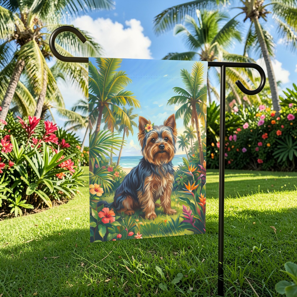 Palm Tree Summer Yorkshire Terrier Garden Flag - front view - Dragonfire Gardens