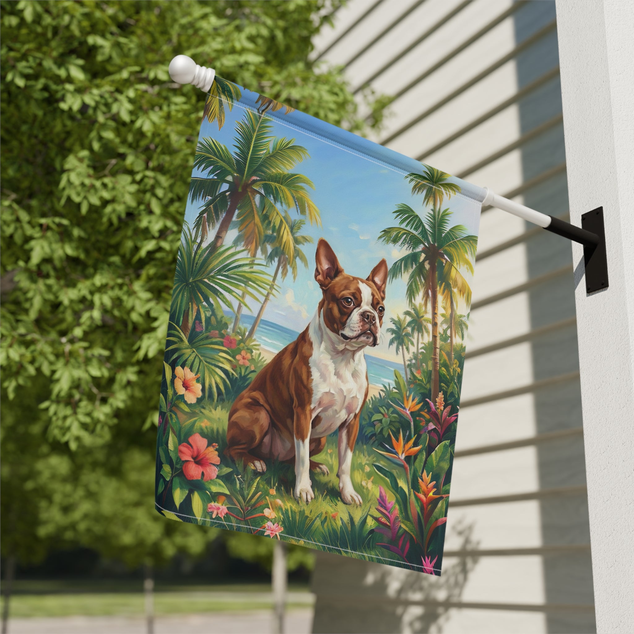 Palm Tree Summer Boston Terrier Garden Flag - yard display - Dragonfire Gardens