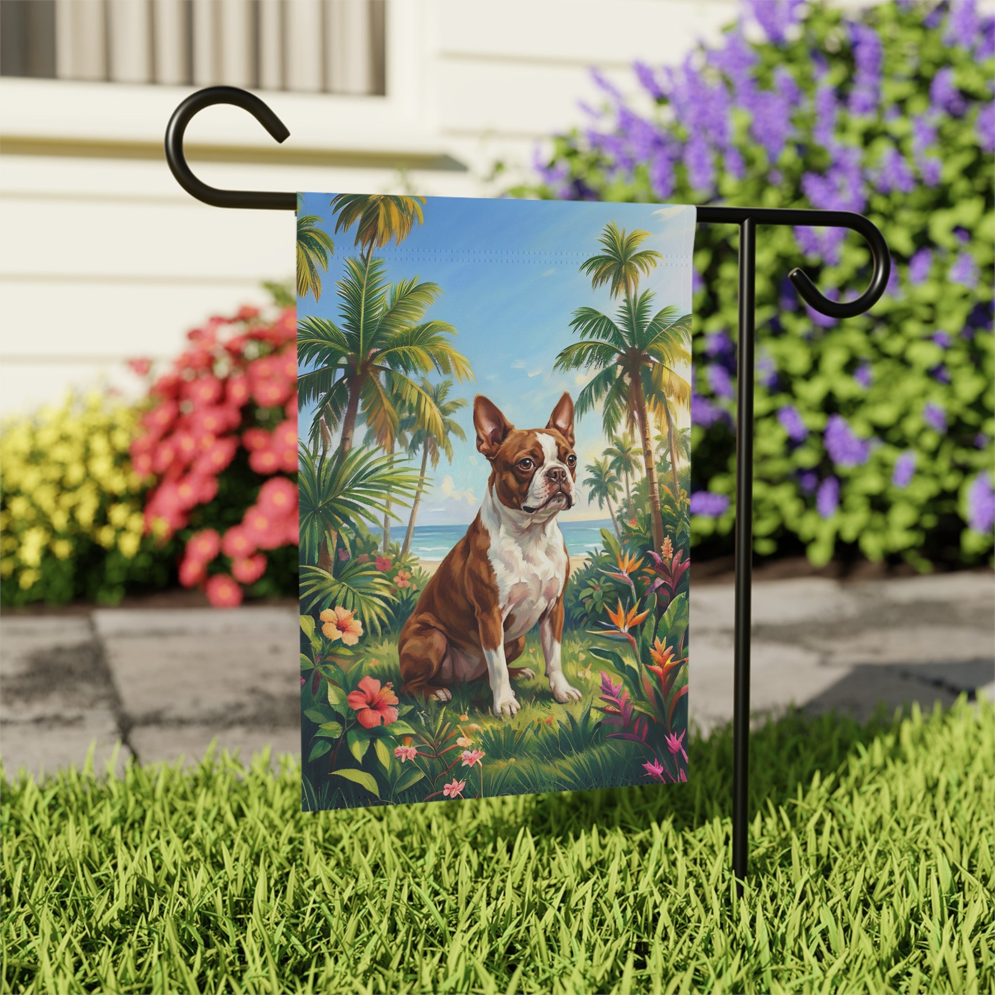 Palm Tree Summer Boston Terrier Garden Flag - close-up detail - Dragonfire Gardens