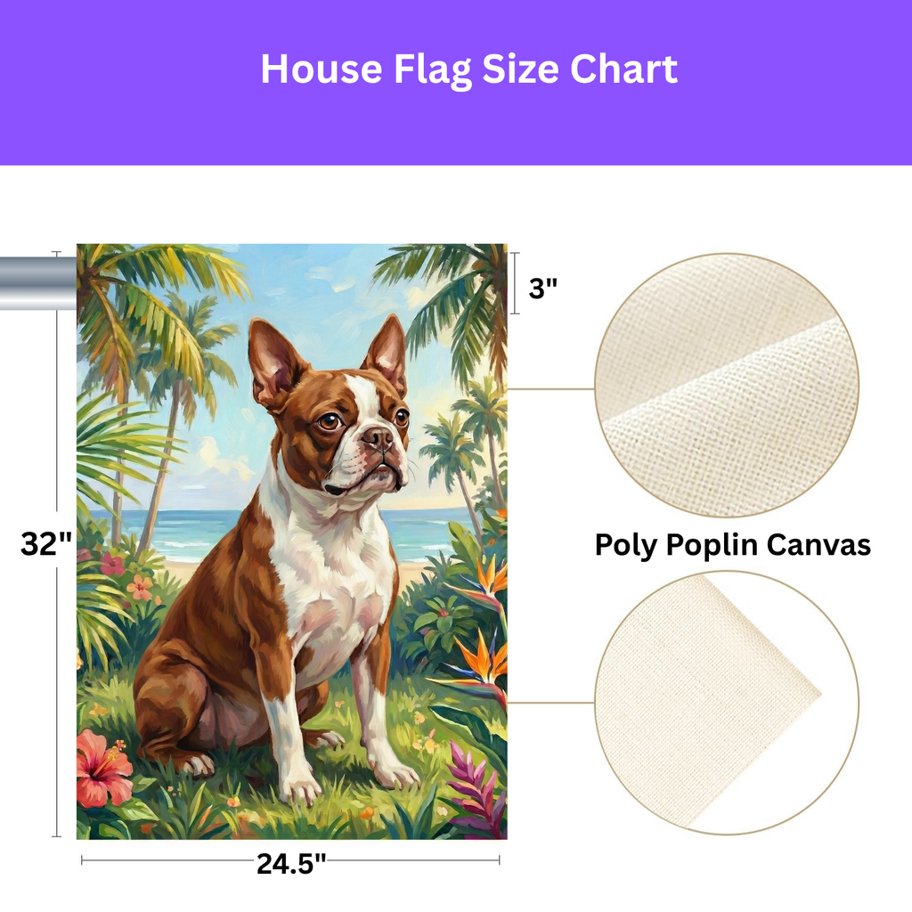 Palm Tree Summer Boston Terrier Garden Flag - size comparison - Dragonfire Gardens