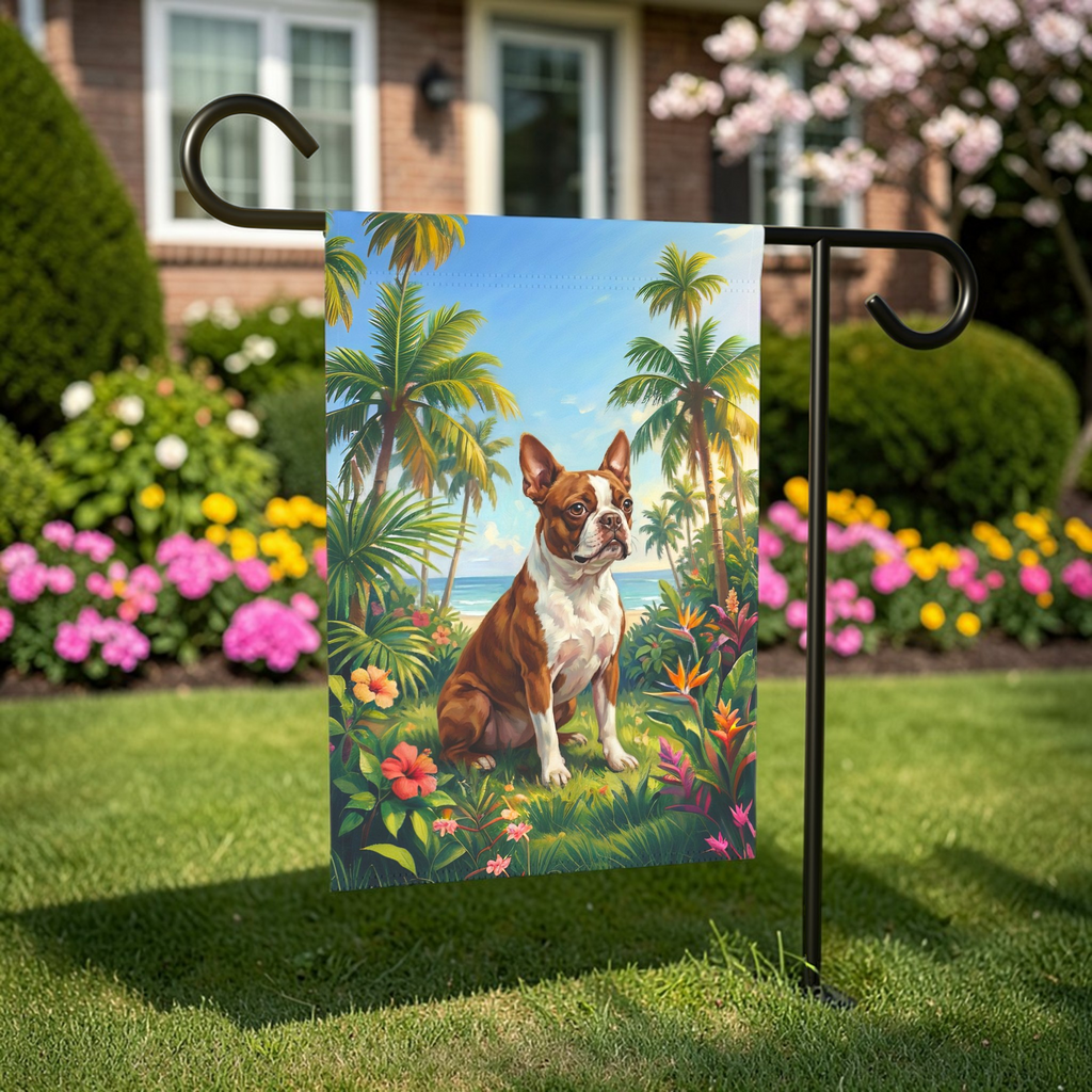Palm Tree Summer Boston Terrier Garden Flag - front view - Dragonfire Gardens