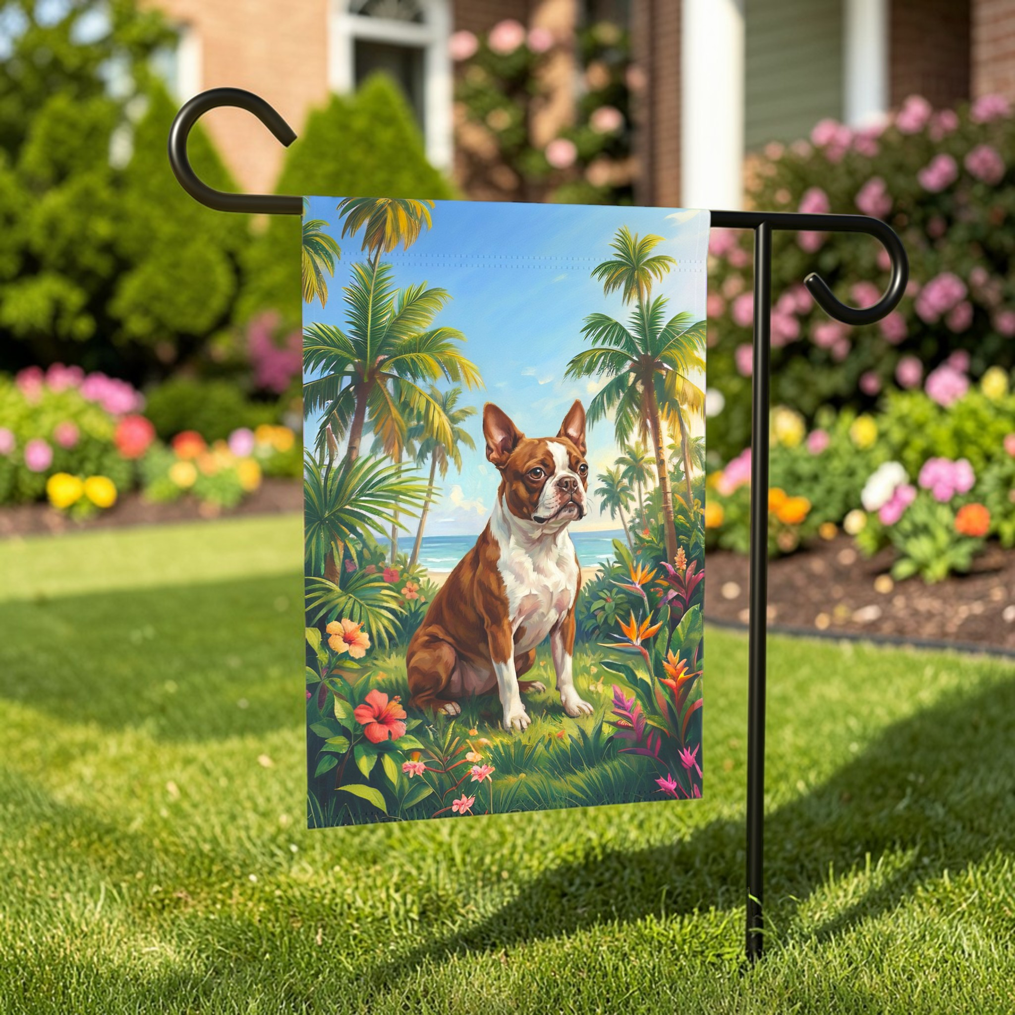 Palm Tree Summer Boston Terrier Garden Flag - outdoor display - Dragonfire Gardens