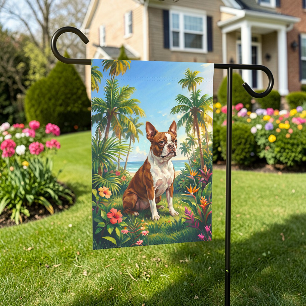 Palm Tree Summer Boston Terrier Garden Flag - lifestyle display - Dragonfire Gardens