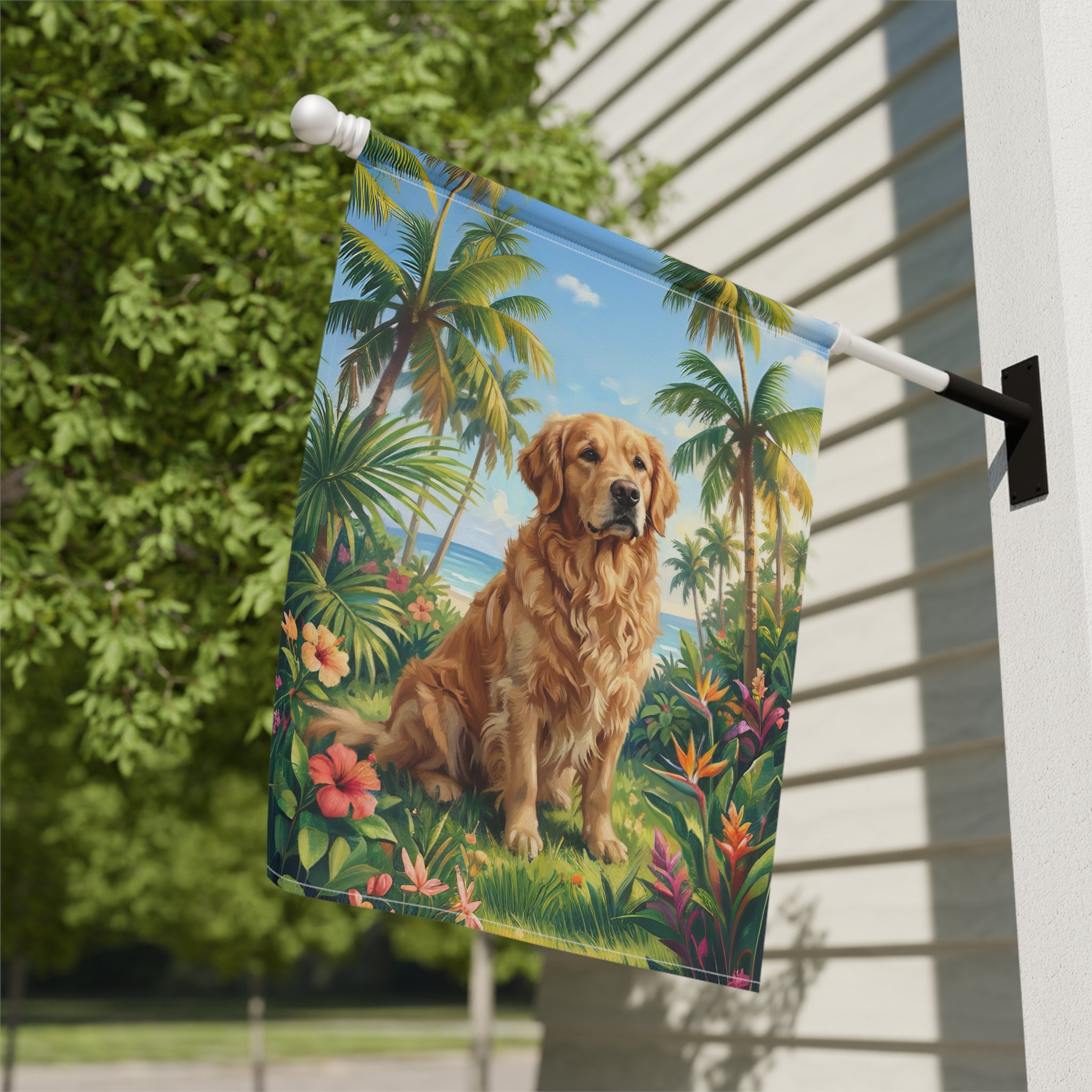Palm Tree Summer Golden Retriever Garden Flag - yard display - Dragonfire Gardens