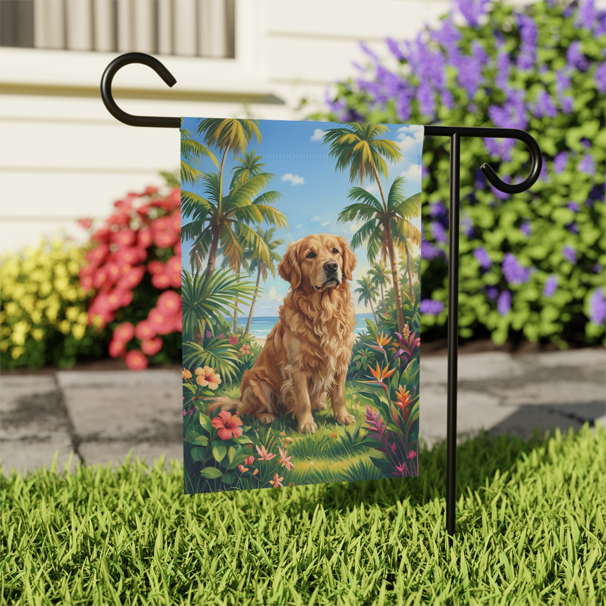 Palm Tree Summer Golden Retriever Garden Flag - close-up detail - Dragonfire Gardens