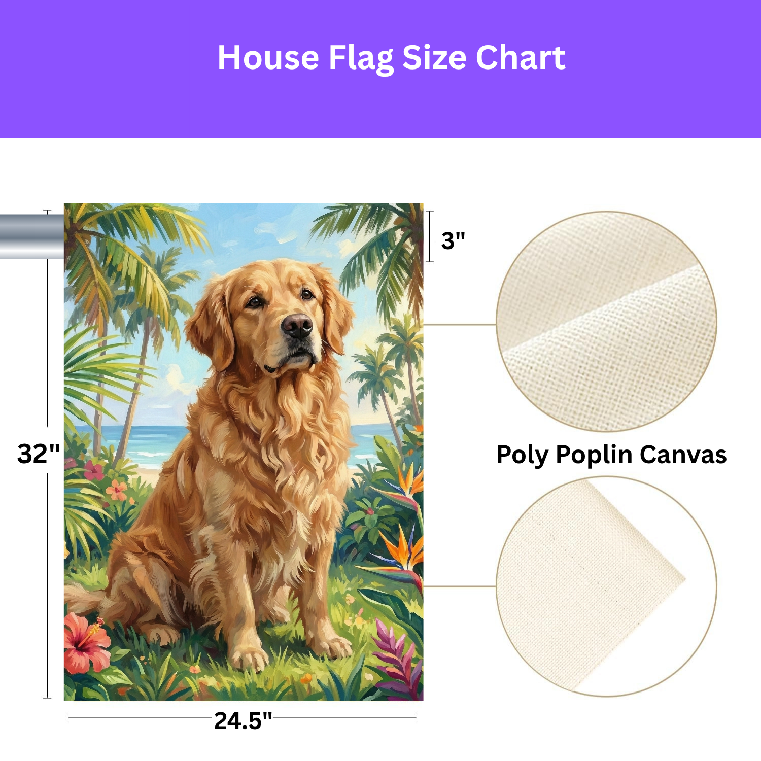 Palm Tree Summer Golden Retriever Garden Flag - size comparison - Dragonfire Gardens
