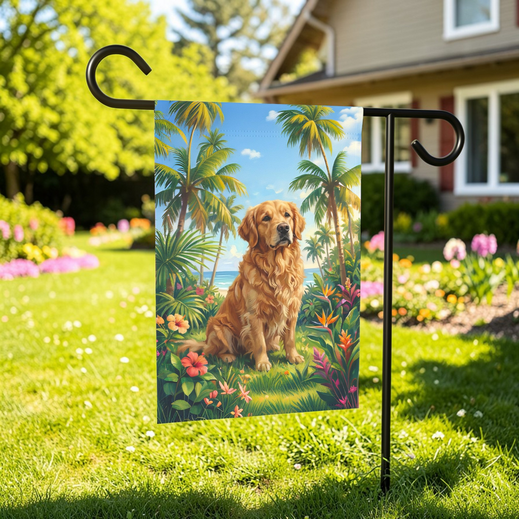 Palm Tree Summer Golden Retriever Garden Flag - lifestyle display - Dragonfire Gardens