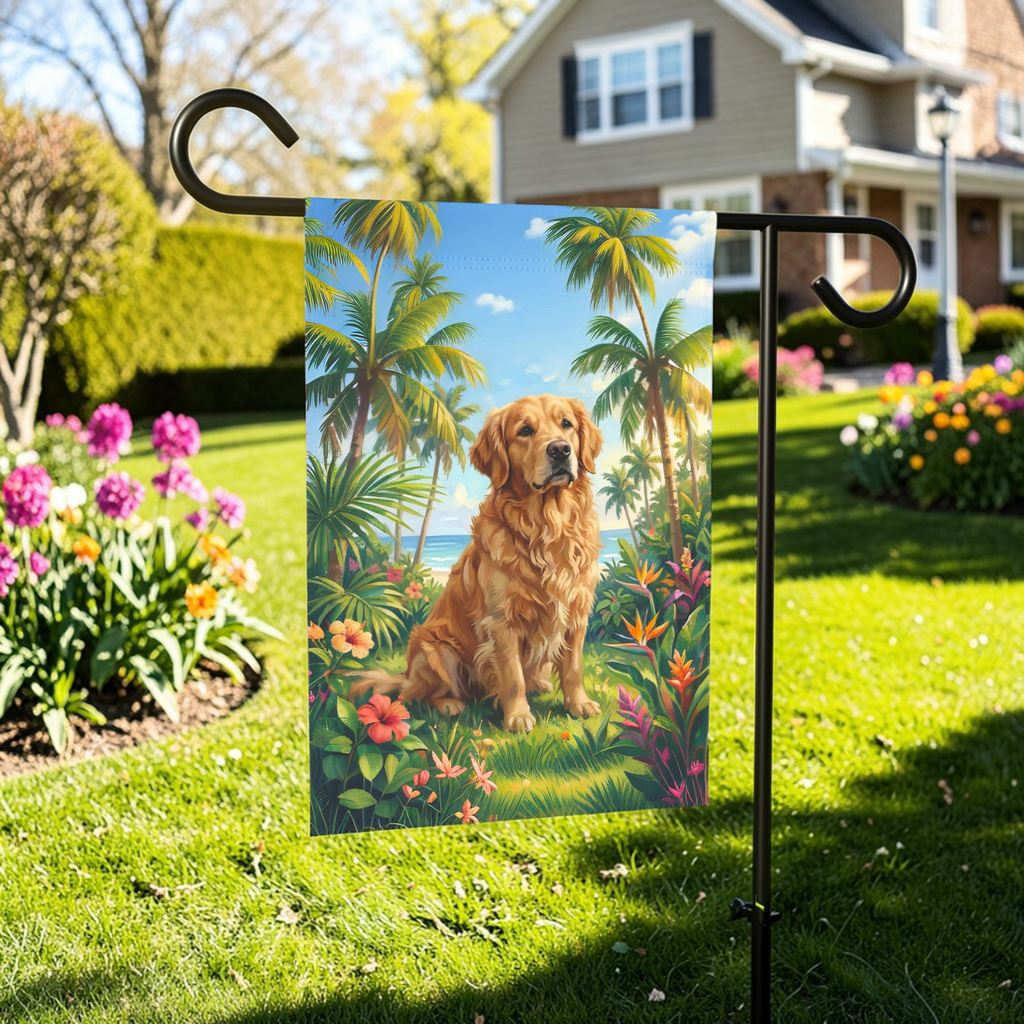 Palm Tree Summer Golden Retriever Garden Flag - front view - Dragonfire Gardens